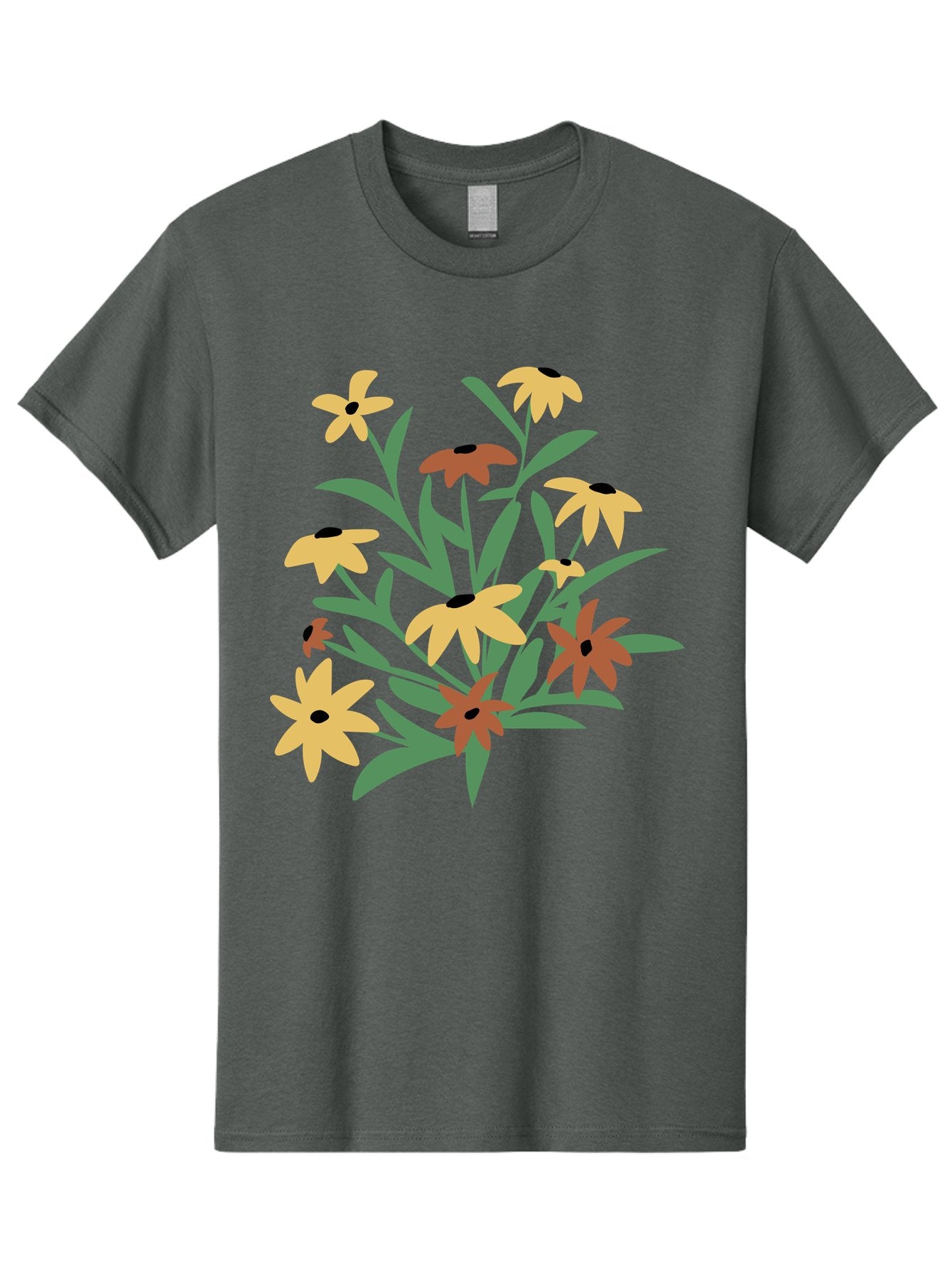 Black-Eyed-Susans Men'S Graphic Tee, 100% Cotton, Comfortable Casual Summer Wear, Machine Washable, Yellow Flowers, Red Flowers, Black Centers, Green Leaves, Floral Arrangement, Digital Illustration, Abstract Flowers, Simple Shapes, Aad999 8