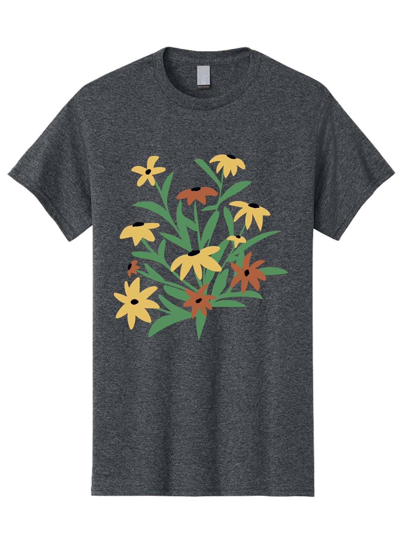 Black-Eyed-Susans Men'S Graphic Tee, 100% Cotton, Comfortable Casual Summer Wear, Machine Washable, Yellow Flowers, Red Flowers, Black Centers, Green Leaves, Floral Arrangement, Digital Illustration, Abstract Flowers, Simple Shapes, Aad999 5