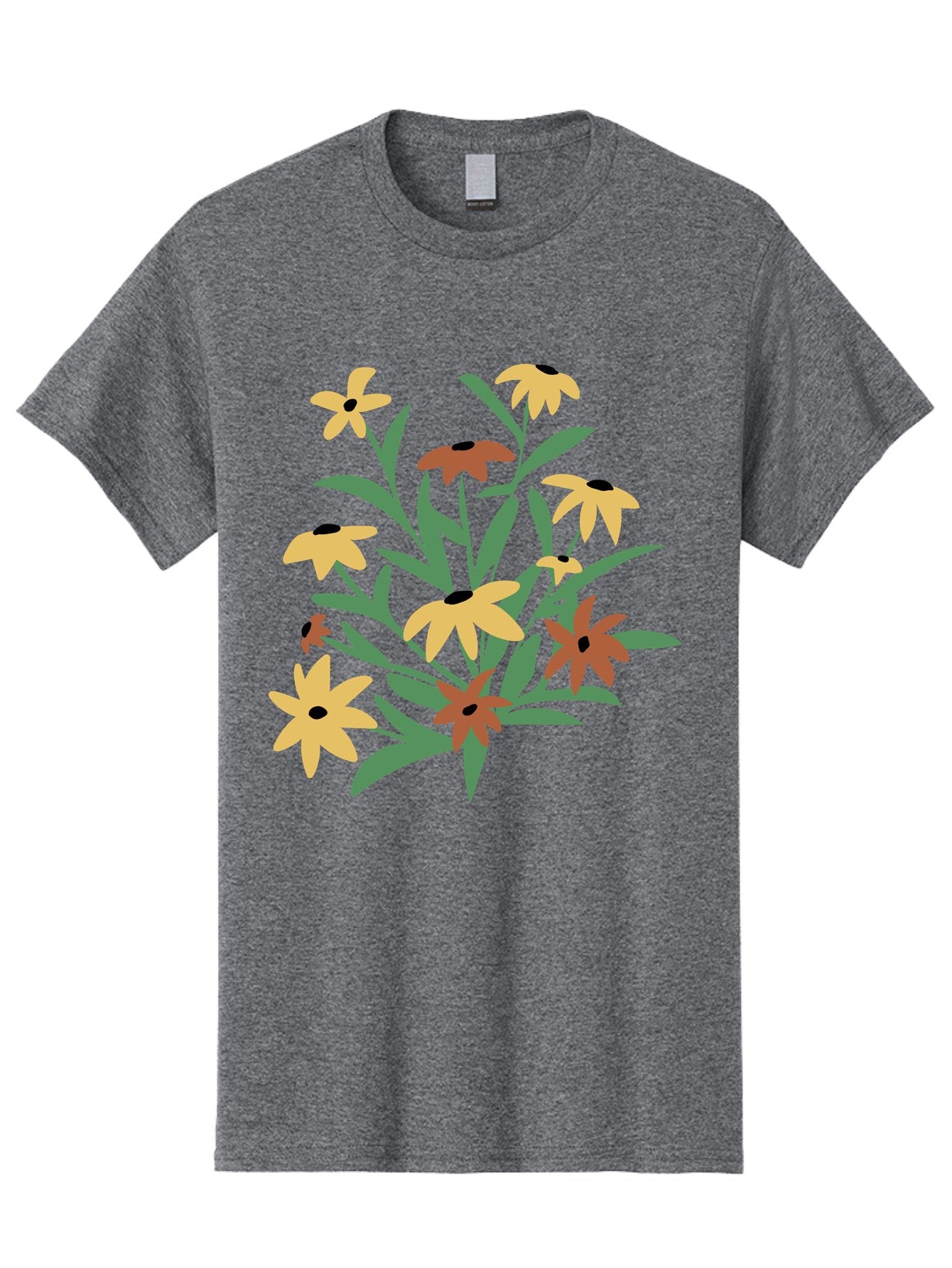 Black-Eyed-Susans Men'S Graphic Tee, 100% Cotton, Comfortable Casual Summer Wear, Machine Washable, Yellow Flowers, Red Flowers, Black Centers, Green Leaves, Floral Arrangement, Digital Illustration, Abstract Flowers, Simple Shapes, Aad999 12