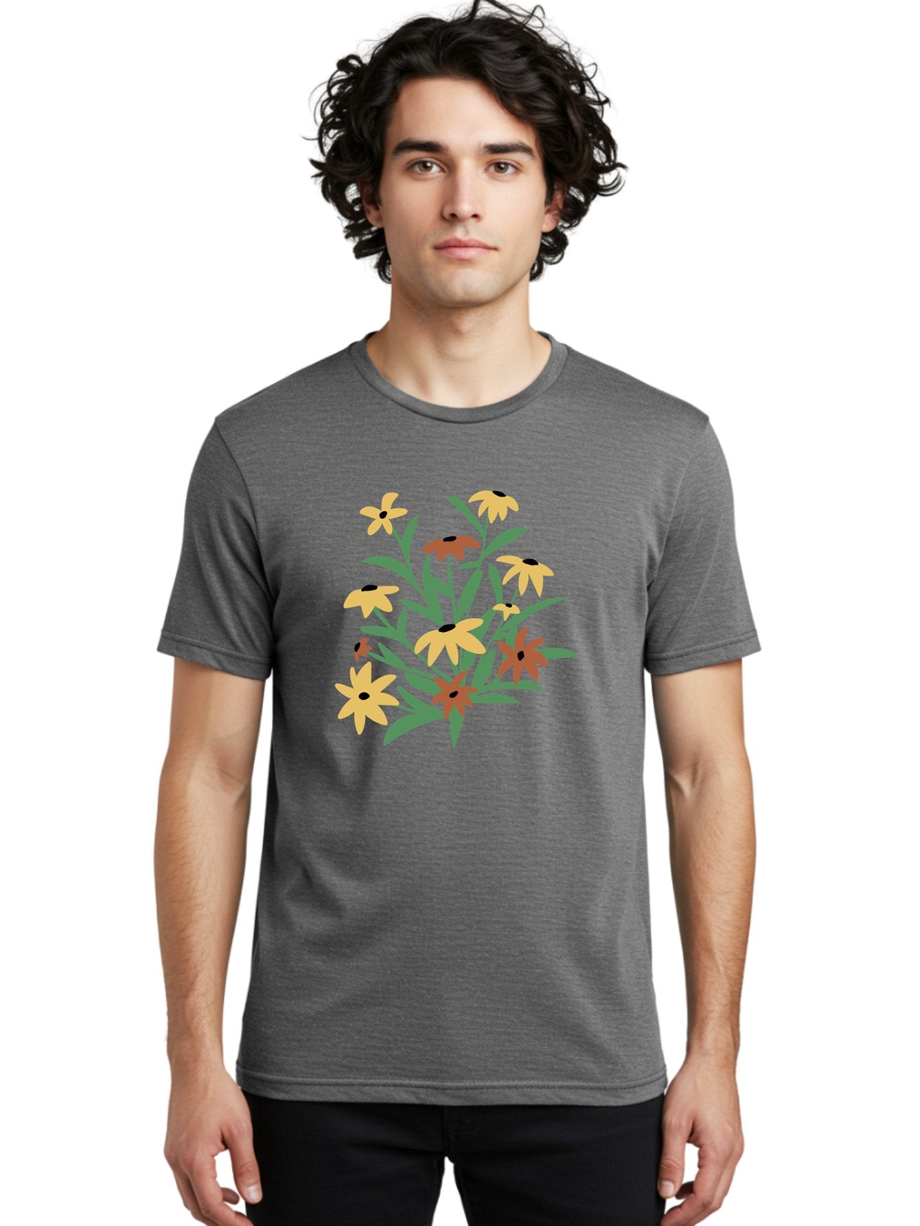 Black-Eyed-Susans Men'S Graphic Tee, 100% Cotton, Comfortable Casual Summer Wear, Machine Washable, Yellow Flowers, Red Flowers, Black Centers, Green Leaves, Floral Arrangement, Digital Illustration, Abstract Flowers, Simple Shapes, Aad999 28
