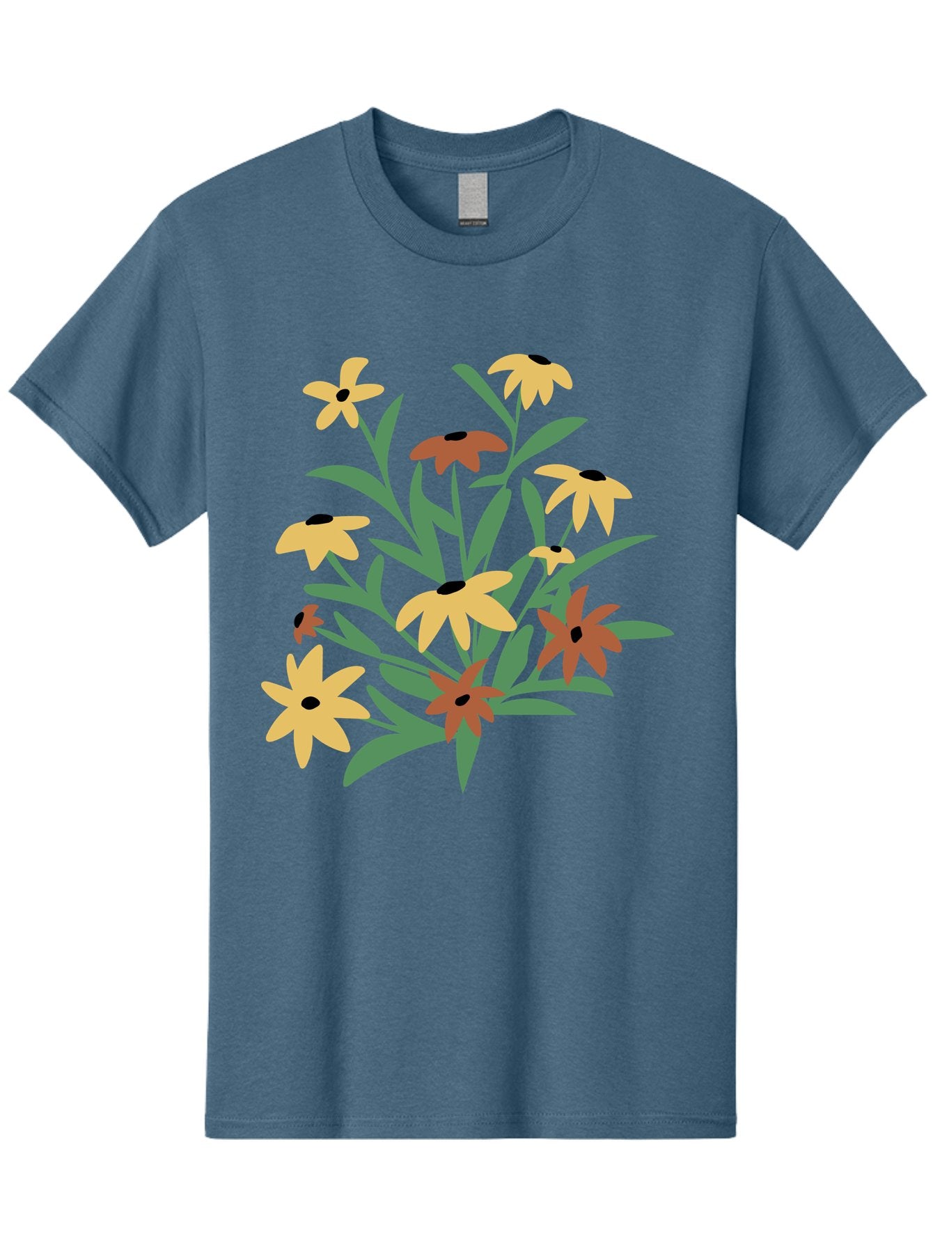 Black-Eyed-Susans Men'S Graphic Tee, 100% Cotton, Comfortable Casual Summer Wear, Machine Washable, Yellow Flowers, Red Flowers, Black Centers, Green Leaves, Floral Arrangement, Digital Illustration, Abstract Flowers, Simple Shapes, Aad999 15