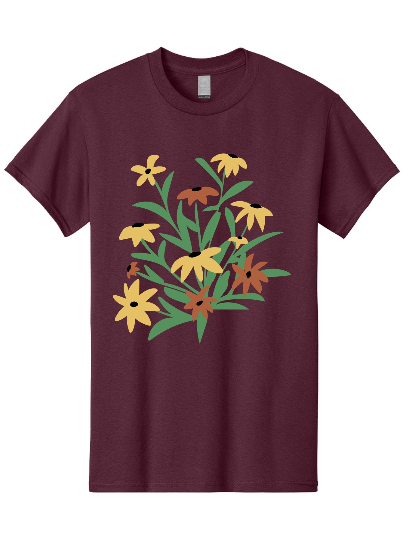 Black-Eyed-Susans Men'S Graphic Tee, 100% Cotton, Comfortable Casual Summer Wear, Machine Washable, Yellow Flowers, Red Flowers, Black Centers, Green Leaves, Floral Arrangement, Digital Illustration, Abstract Flowers, Simple Shapes, Aad999 3