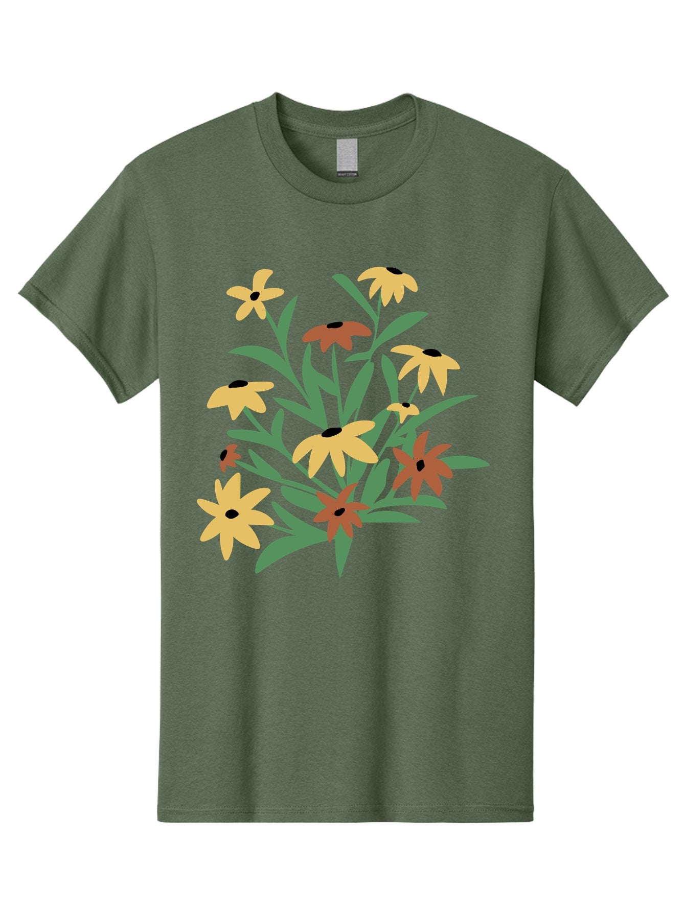 Black-Eyed-Susans Men'S Graphic Tee, 100% Cotton, Comfortable Casual Summer Wear, Machine Washable, Yellow Flowers, Red Flowers, Black Centers, Green Leaves, Floral Arrangement, Digital Illustration, Abstract Flowers, Simple Shapes, Aad999 10