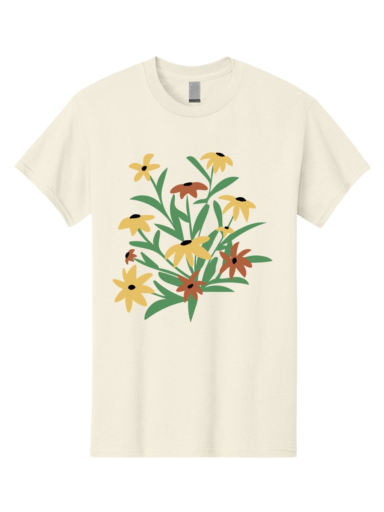 Black-Eyed-Susans Men'S Graphic Tee, 100% Cotton, Comfortable Casual Summer Wear, Machine Washable, Yellow Flowers, Red Flowers, Black Centers, Green Leaves, Floral Arrangement, Digital Illustration, Abstract Flowers, Simple Shapes, Aad999