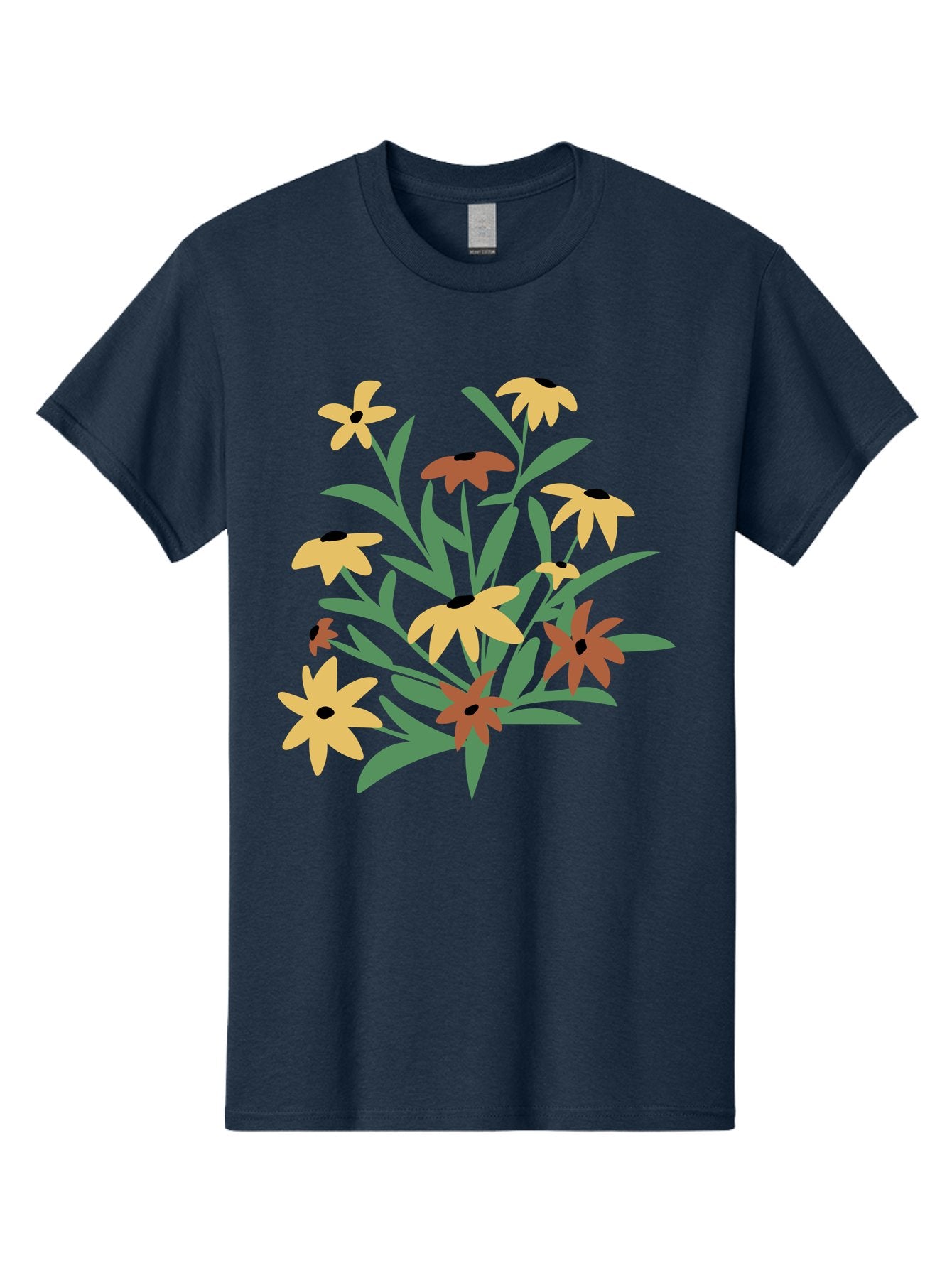 Black-Eyed-Susans Men'S Graphic Tee, 100% Cotton, Comfortable Casual Summer Wear, Machine Washable, Yellow Flowers, Red Flowers, Black Centers, Green Leaves, Floral Arrangement, Digital Illustration, Abstract Flowers, Simple Shapes, Aad999 4