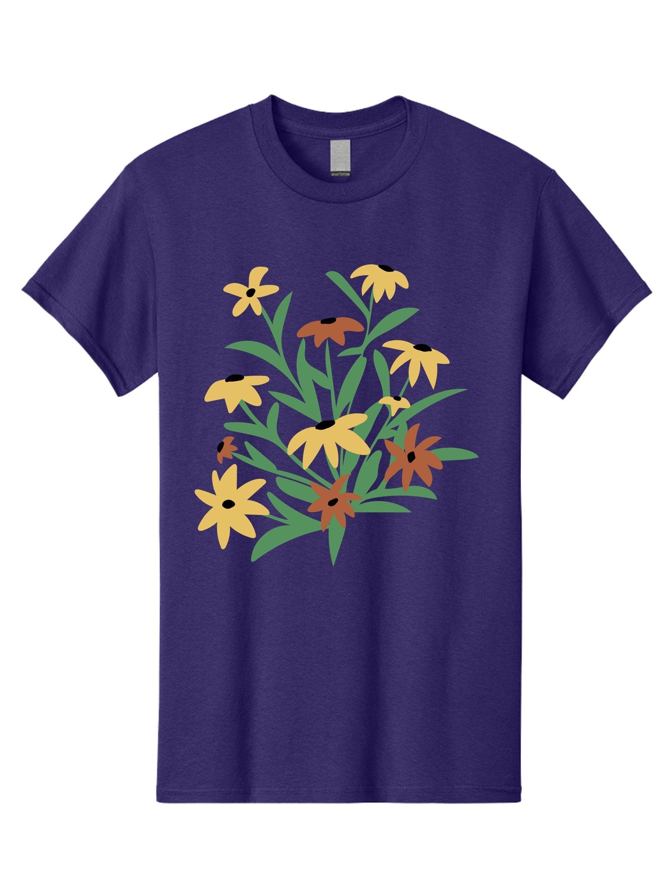 Black-Eyed-Susans Men'S Graphic Tee, 100% Cotton, Comfortable Casual Summer Wear, Machine Washable, Yellow Flowers, Red Flowers, Black Centers, Green Leaves, Floral Arrangement, Digital Illustration, Abstract Flowers, Simple Shapes, Aad999