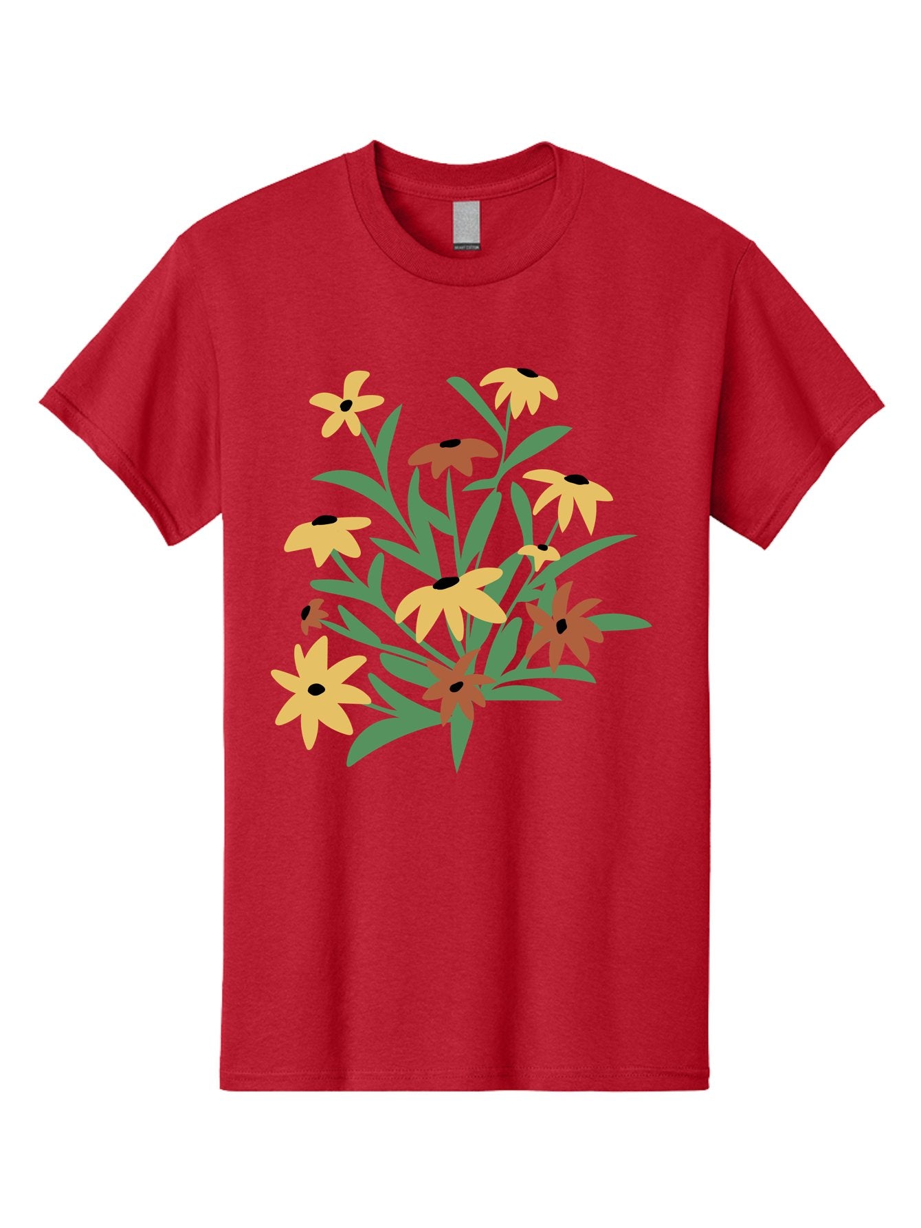 Black-Eyed-Susans Men'S Graphic Tee, 100% Cotton, Comfortable Casual Summer Wear, Machine Washable, Yellow Flowers, Red Flowers, Black Centers, Green Leaves, Floral Arrangement, Digital Illustration, Abstract Flowers, Simple Shapes, Aad999 9