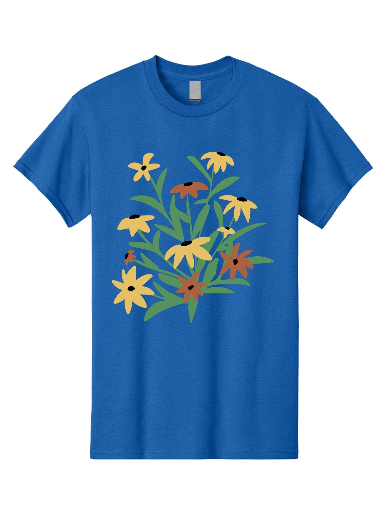 Black-Eyed-Susans Men'S Graphic Tee, 100% Cotton, Comfortable Casual Summer Wear, Machine Washable, Yellow Flowers, Red Flowers, Black Centers, Green Leaves, Floral Arrangement, Digital Illustration, Abstract Flowers, Simple Shapes, Aad999 14