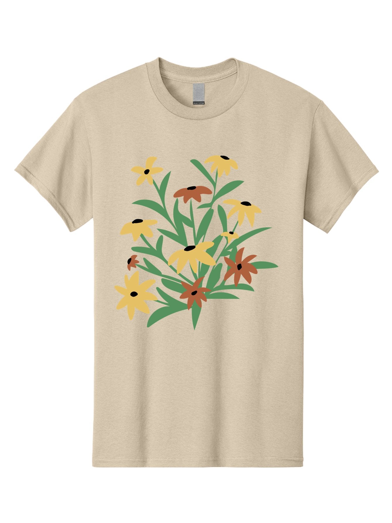 Black-Eyed-Susans Men'S Graphic Tee, 100% Cotton, Comfortable Casual Summer Wear, Machine Washable, Yellow Flowers, Red Flowers, Black Centers, Green Leaves, Floral Arrangement, Digital Illustration, Abstract Flowers, Simple Shapes, Aad999 7