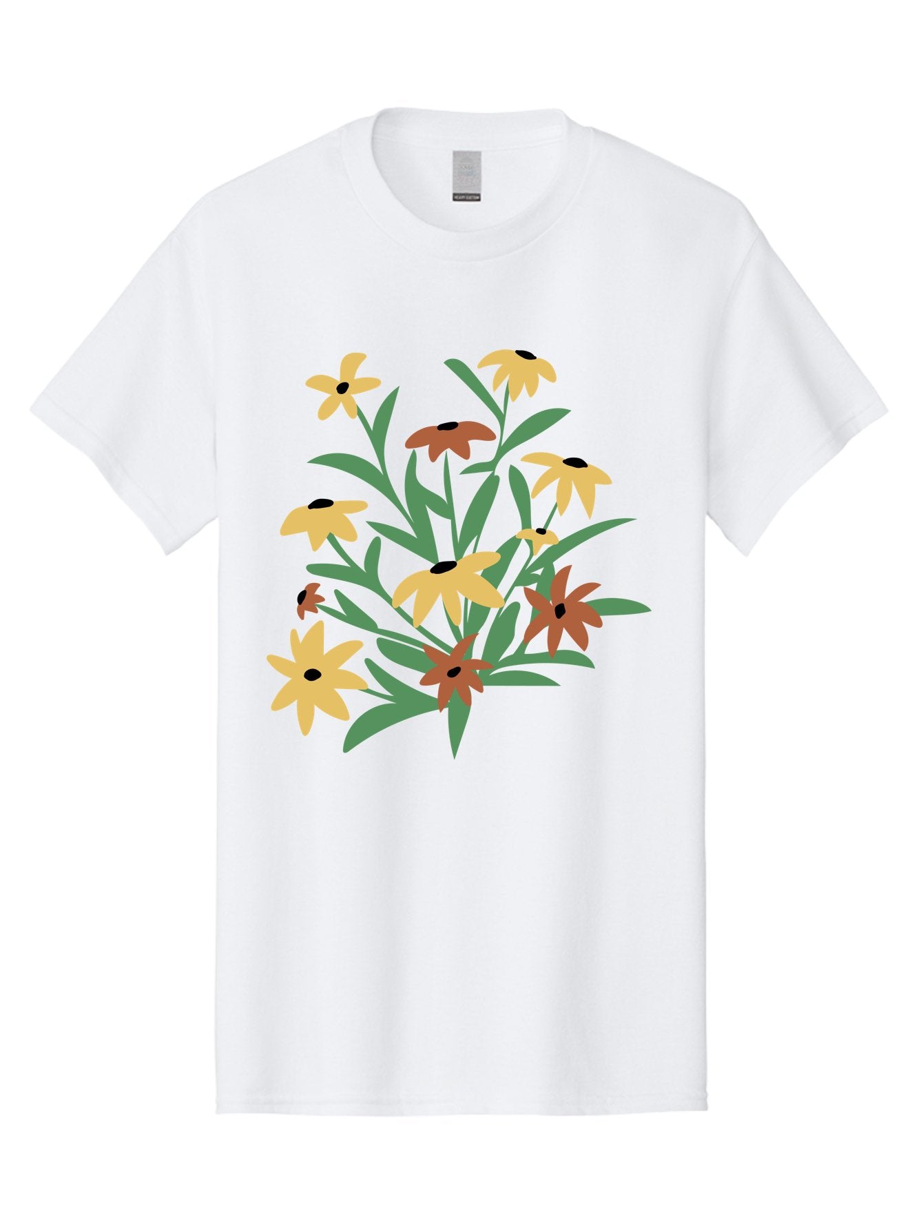 Black-Eyed-Susans Men'S Graphic Tee, 100% Cotton, Comfortable Casual Summer Wear, Machine Washable, Yellow Flowers, Red Flowers, Black Centers, Green Leaves, Floral Arrangement, Digital Illustration, Abstract Flowers, Simple Shapes, Aad999 6