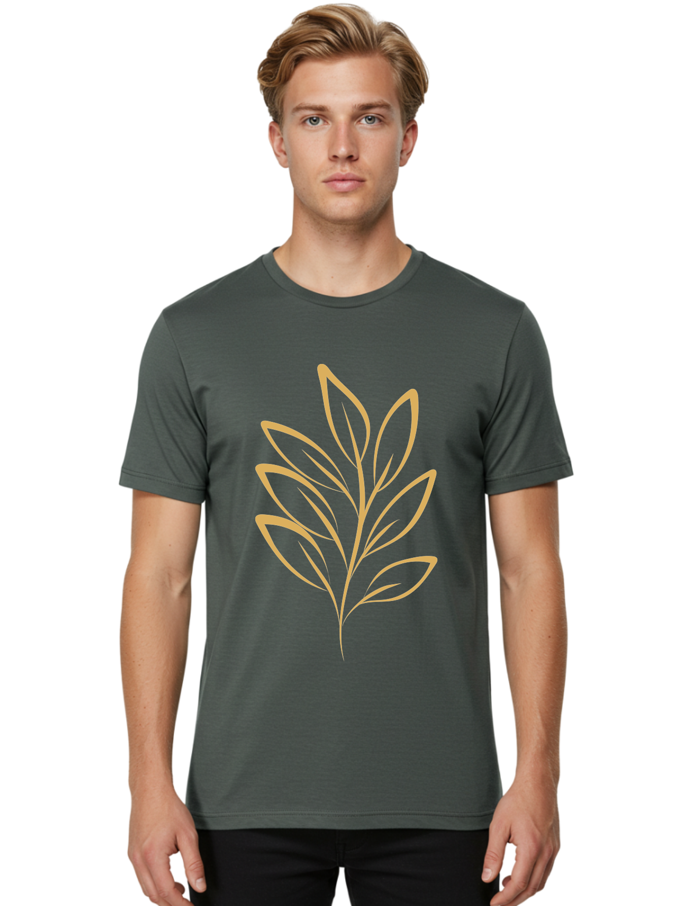 Branch-With-Leaves Men'S Graphic Tee, 100% Cotton, Comfortable Casual Summer Wear, Machine Washable, Simple Leaf Illustration, Minimalist Design, Peach Outline, Botanical Element, Organic Shape, Natural Motif, Gentle Curves Aae000 12