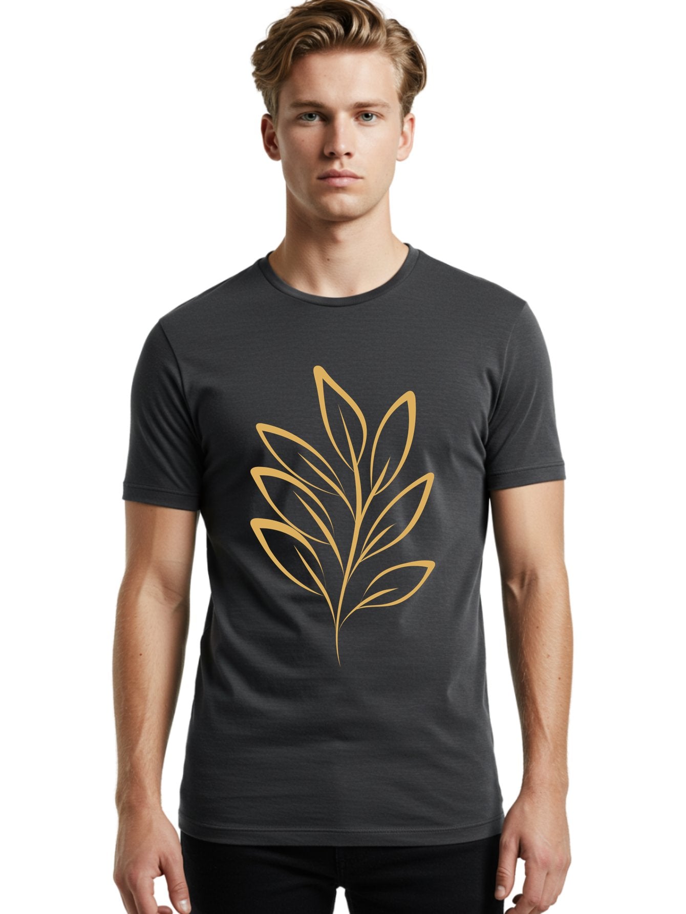 Branch-With-Leaves Men'S Graphic Tee, 100% Cotton, Comfortable Casual Summer Wear, Machine Washable, Simple Leaf Illustration, Minimalist Design, Peach Outline, Botanical Element, Organic Shape, Natural Motif, Gentle Curves Aae000 27