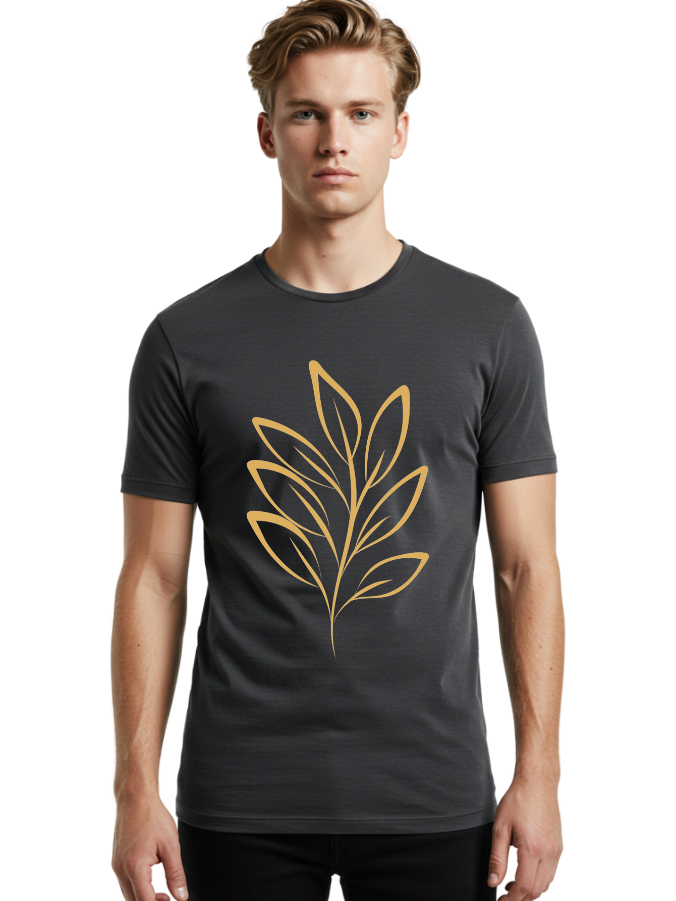 Branch-With-Leaves Men'S Graphic Tee, 100% Cotton, Comfortable Casual Summer Wear, Machine Washable, Simple Leaf Illustration, Minimalist Design, Peach Outline, Botanical Element, Organic Shape, Natural Motif, Gentle Curves Aae000 8
