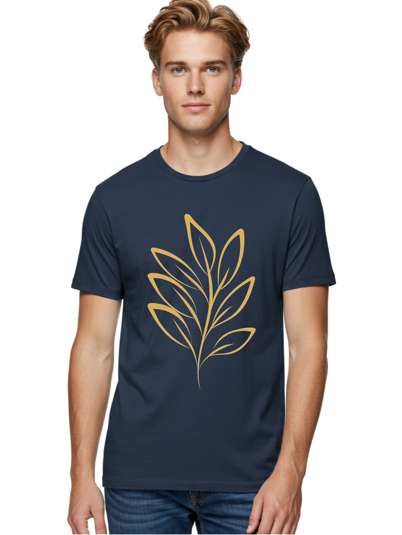 Branch-With-Leaves Men'S Graphic Tee, 100% Cotton, Comfortable Casual Summer Wear, Machine Washable, Simple Leaf Illustration, Minimalist Design, Peach Outline, Botanical Element, Organic Shape, Natural Motif, Gentle Curves Aae000 28