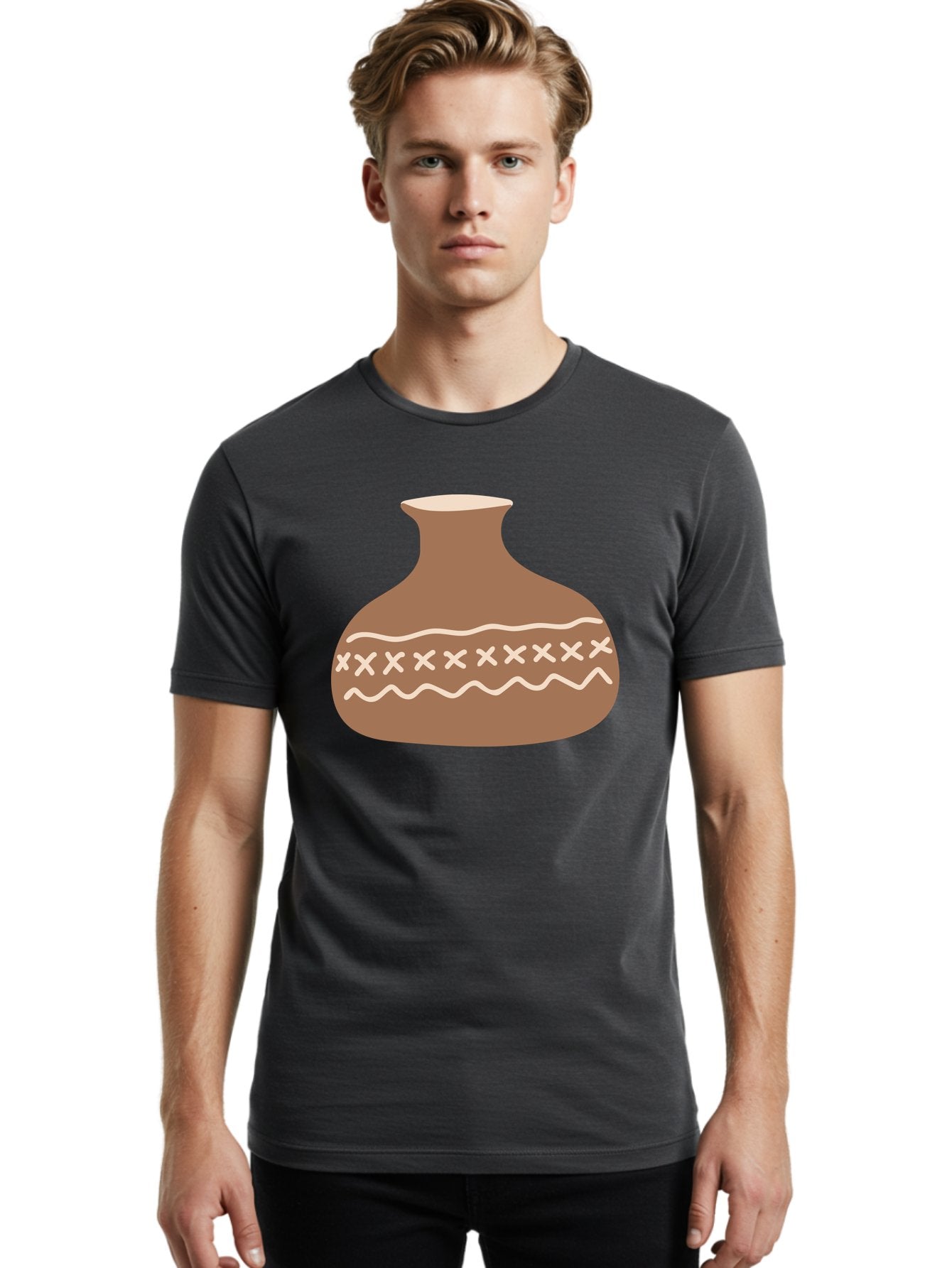Clay-Pot Men'S Graphic Tee, 100% Cotton, Comfortable Casual Summer Wear, Machine Washable, Clay Pot, Pottery Vessel, Ceramic Design, Traditional Craftsmanship, Handmade Art, Wavy Lines, Crosses Pattern, Earthy Tones, Cultural Heritage, Aae004 26