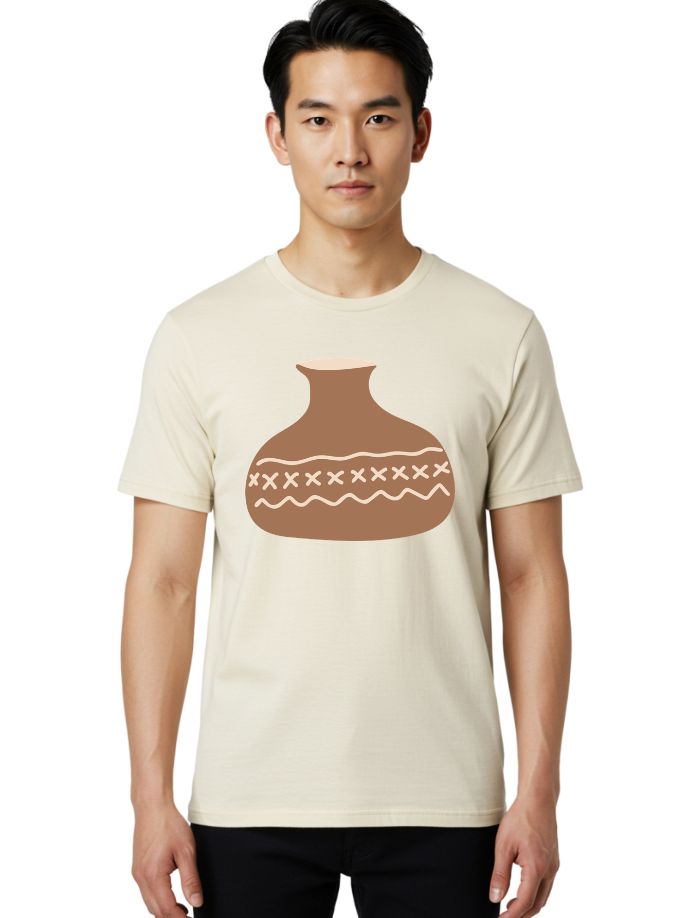 Clay-Pot Men'S Graphic Tee, 100% Cotton, Comfortable Casual Summer Wear, Machine Washable, Clay Pot, Pottery Vessel, Ceramic Design, Traditional Craftsmanship, Handmade Art, Wavy Lines, Crosses Pattern, Earthy Tones, Cultural Heritage, Aae004