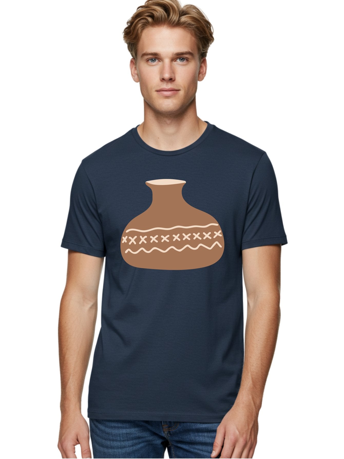 Clay-Pot Men'S Graphic Tee, 100% Cotton, Comfortable Casual Summer Wear, Machine Washable, Clay Pot, Pottery Vessel, Ceramic Design, Traditional Craftsmanship, Handmade Art, Wavy Lines, Crosses Pattern, Earthy Tones, Cultural Heritage, Aae004 20