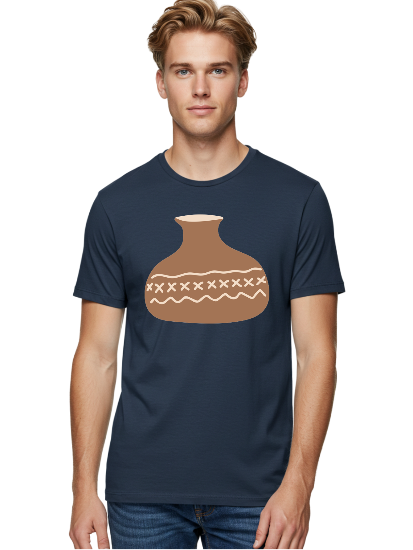 Clay-Pot Men'S Graphic Tee, 100% Cotton, Comfortable Casual Summer Wear, Machine Washable, Clay Pot, Pottery Vessel, Ceramic Design, Traditional Craftsmanship, Handmade Art, Wavy Lines, Crosses Pattern, Earthy Tones, Cultural Heritage, Aae004 30