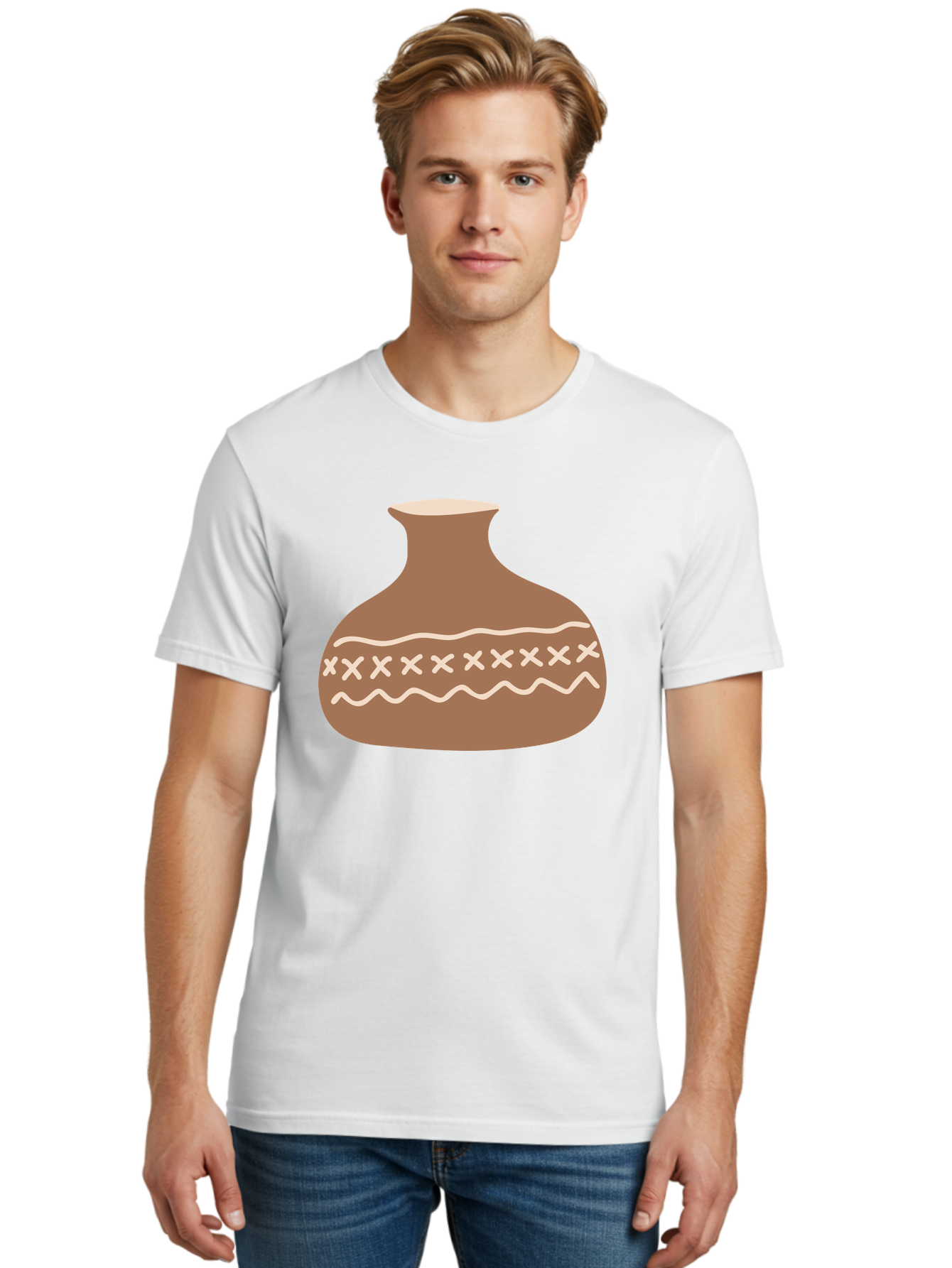 Clay-Pot Men'S Graphic Tee, 100% Cotton, Comfortable Casual Summer Wear, Machine Washable, Clay Pot, Pottery Vessel, Ceramic Design, Traditional Craftsmanship, Handmade Art, Wavy Lines, Crosses Pattern, Earthy Tones, Cultural Heritage, Aae004 12