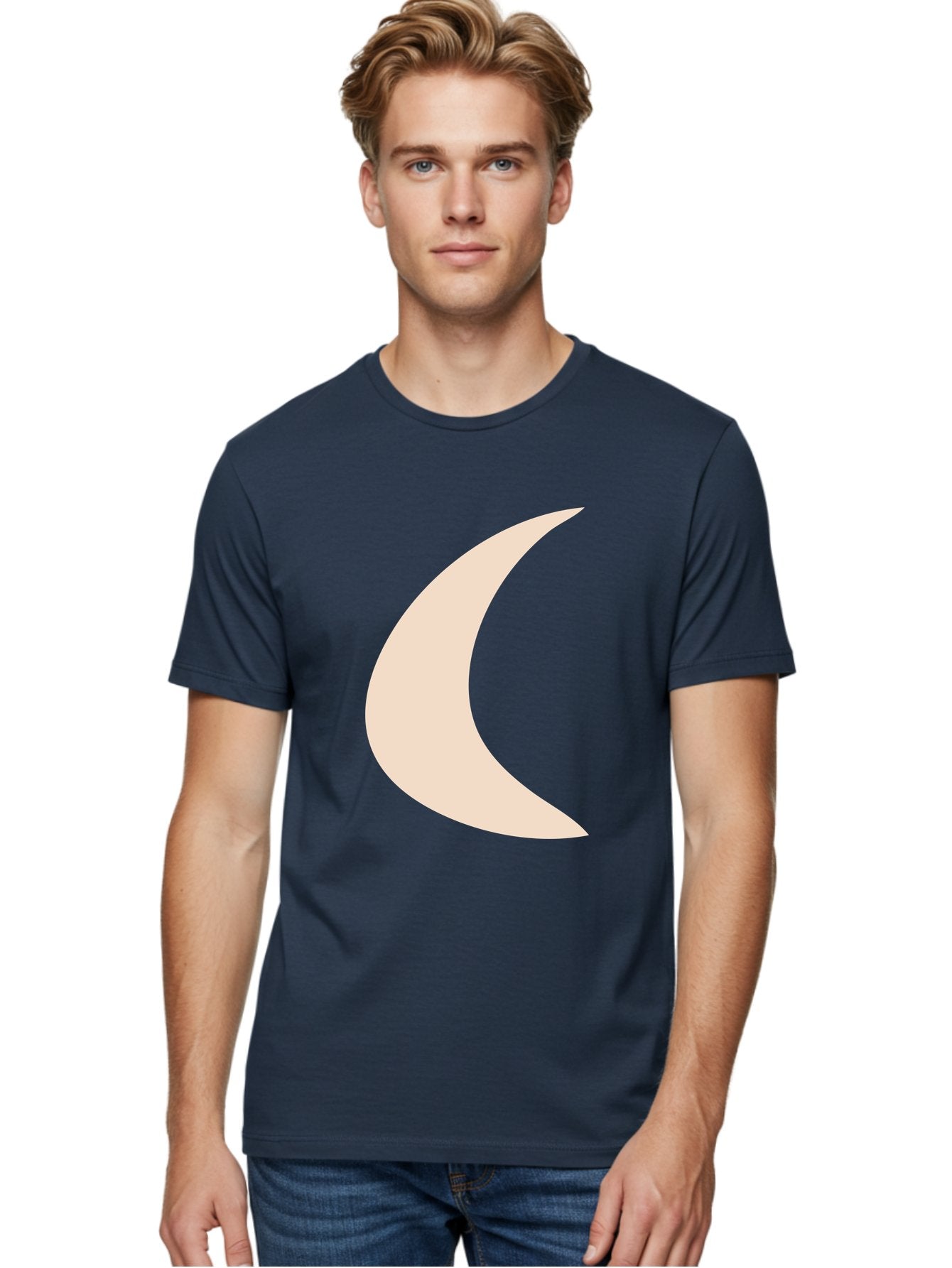 Crescent-Moon Men'S Graphic Tee, 100% Cotton, Comfortable Casual Summer Wear, Machine Washable, Crescent Moon, Pale Moon Shape, Simple Graphics, Minimalist Design, Moon Symbol, Digital Illustration, Abstract Shapes Aae007 18