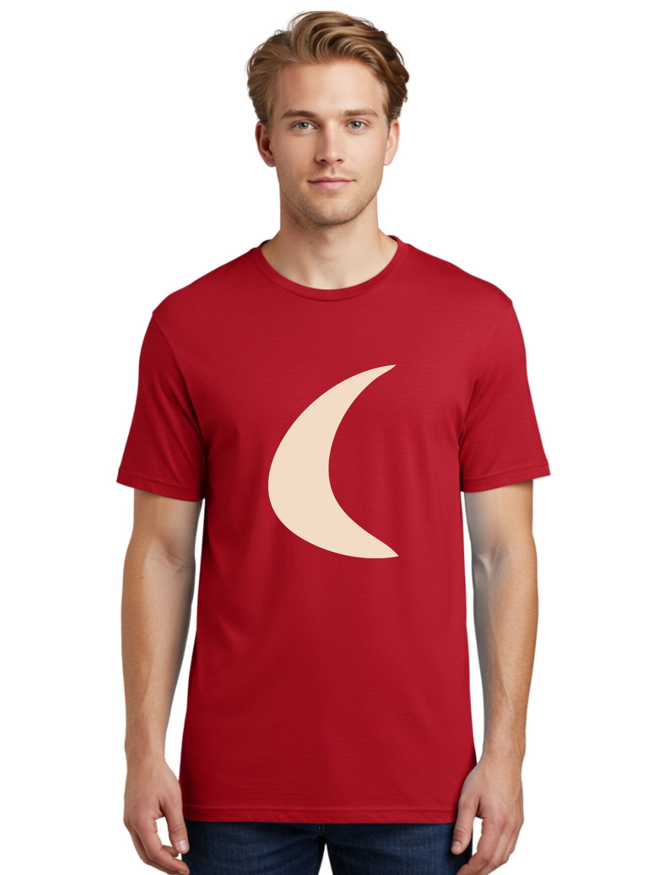 Crescent-Moon Men'S Graphic Tee, 100% Cotton, Comfortable Casual Summer Wear, Machine Washable, Crescent Moon, Pale Moon Shape, Simple Graphics, Minimalist Design, Moon Symbol, Digital Illustration, Abstract Shapes Aae007 22
