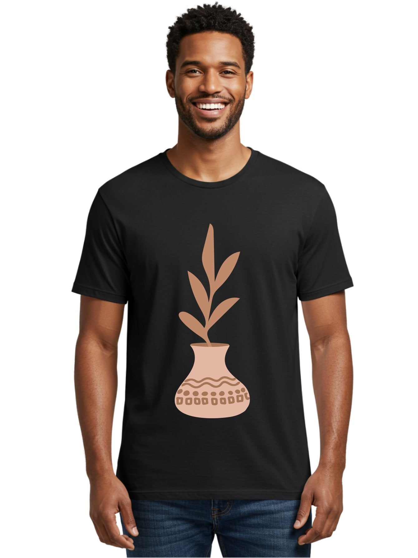 Decorated-Vase-With-Plant Men'S Graphic Tee, 100% Cotton, Comfortable Casual Summer Wear, Machine Washable, Decorative Vase, Leafy Plant, Pink Leaves, Brown Patterns, Wavy Lines, Decorative Design, Simple Graphics, Minimalist Art, Aae010 29