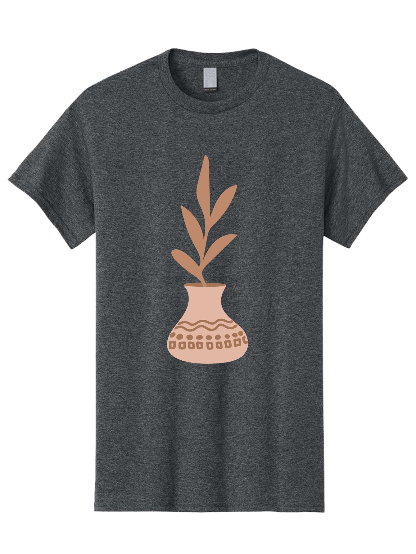 Decorated-Vase-With-Plant Men'S Graphic Tee, 100% Cotton, Comfortable Casual Summer Wear, Machine Washable, Decorative Vase, Leafy Plant, Pink Leaves, Brown Patterns, Wavy Lines, Decorative Design, Simple Graphics, Minimalist Art, Aae010