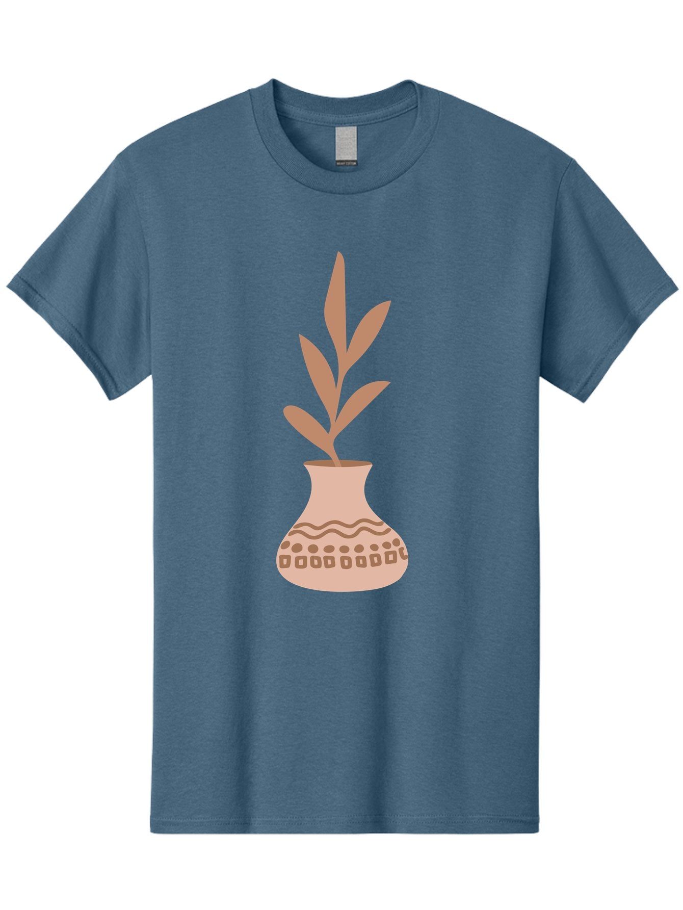 Decorated-Vase-With-Plant Men'S Graphic Tee, 100% Cotton, Comfortable Casual Summer Wear, Machine Washable, Decorative Vase, Leafy Plant, Pink Leaves, Brown Patterns, Wavy Lines, Decorative Design, Simple Graphics, Minimalist Art, Aae010 12