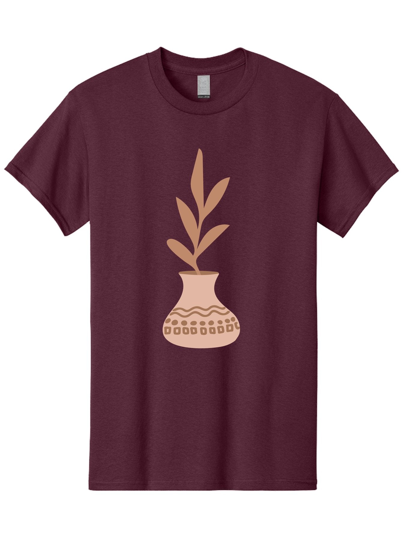Decorated-Vase-With-Plant Men'S Graphic Tee, 100% Cotton, Comfortable Casual Summer Wear, Machine Washable, Decorative Vase, Leafy Plant, Pink Leaves, Brown Patterns, Wavy Lines, Decorative Design, Simple Graphics, Minimalist Art, Aae010 7