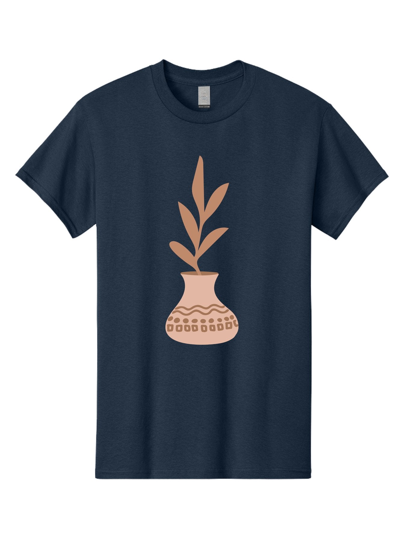 Decorated-Vase-With-Plant Men'S Graphic Tee, 100% Cotton, Comfortable Casual Summer Wear, Machine Washable, Decorative Vase, Leafy Plant, Pink Leaves, Brown Patterns, Wavy Lines, Decorative Design, Simple Graphics, Minimalist Art, Aae010 10