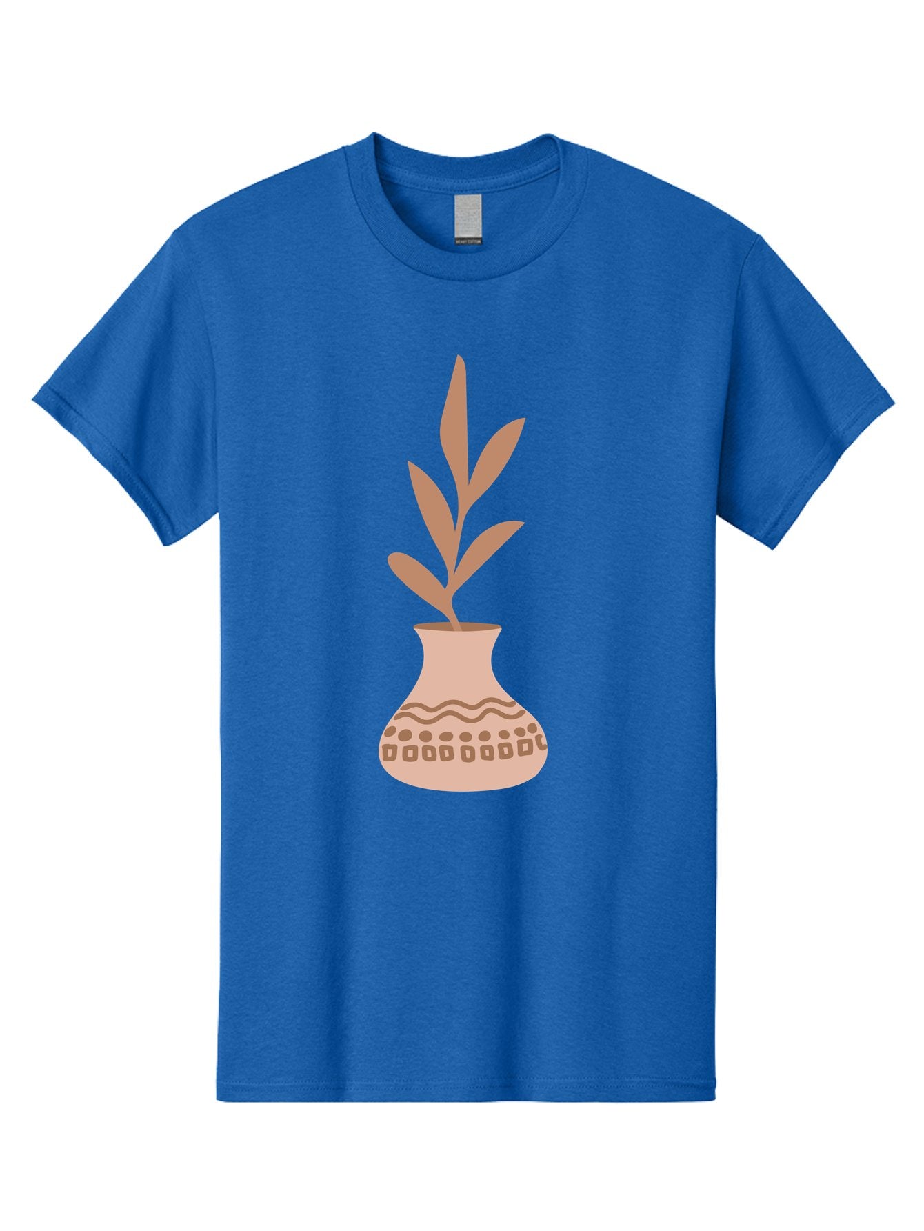 Decorated-Vase-With-Plant Men'S Graphic Tee, 100% Cotton, Comfortable Casual Summer Wear, Machine Washable, Decorative Vase, Leafy Plant, Pink Leaves, Brown Patterns, Wavy Lines, Decorative Design, Simple Graphics, Minimalist Art, Aae010 4