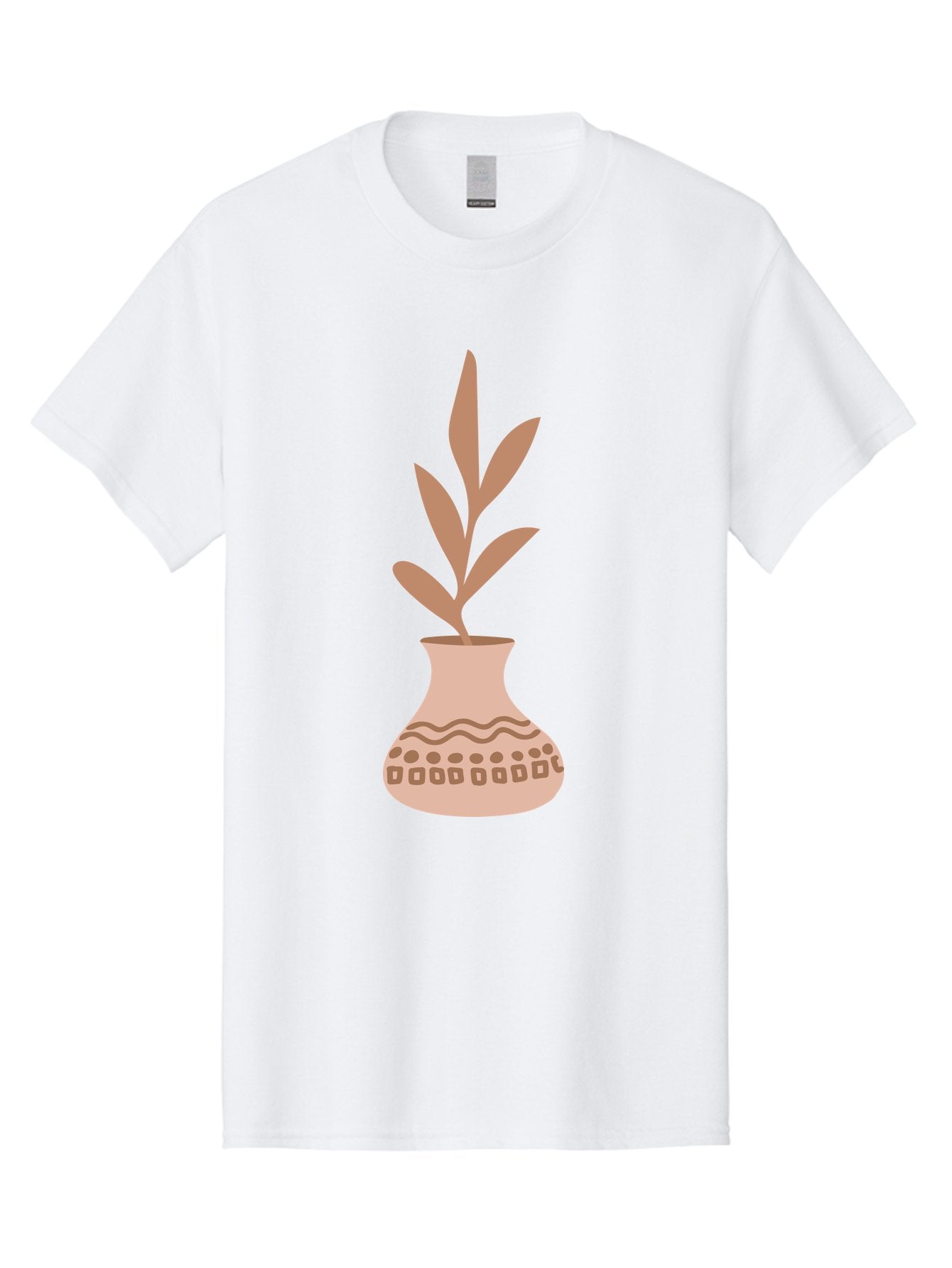 Decorated-Vase-With-Plant Men'S Graphic Tee, 100% Cotton, Comfortable Casual Summer Wear, Machine Washable, Decorative Vase, Leafy Plant, Pink Leaves, Brown Patterns, Wavy Lines, Decorative Design, Simple Graphics, Minimalist Art, Aae010