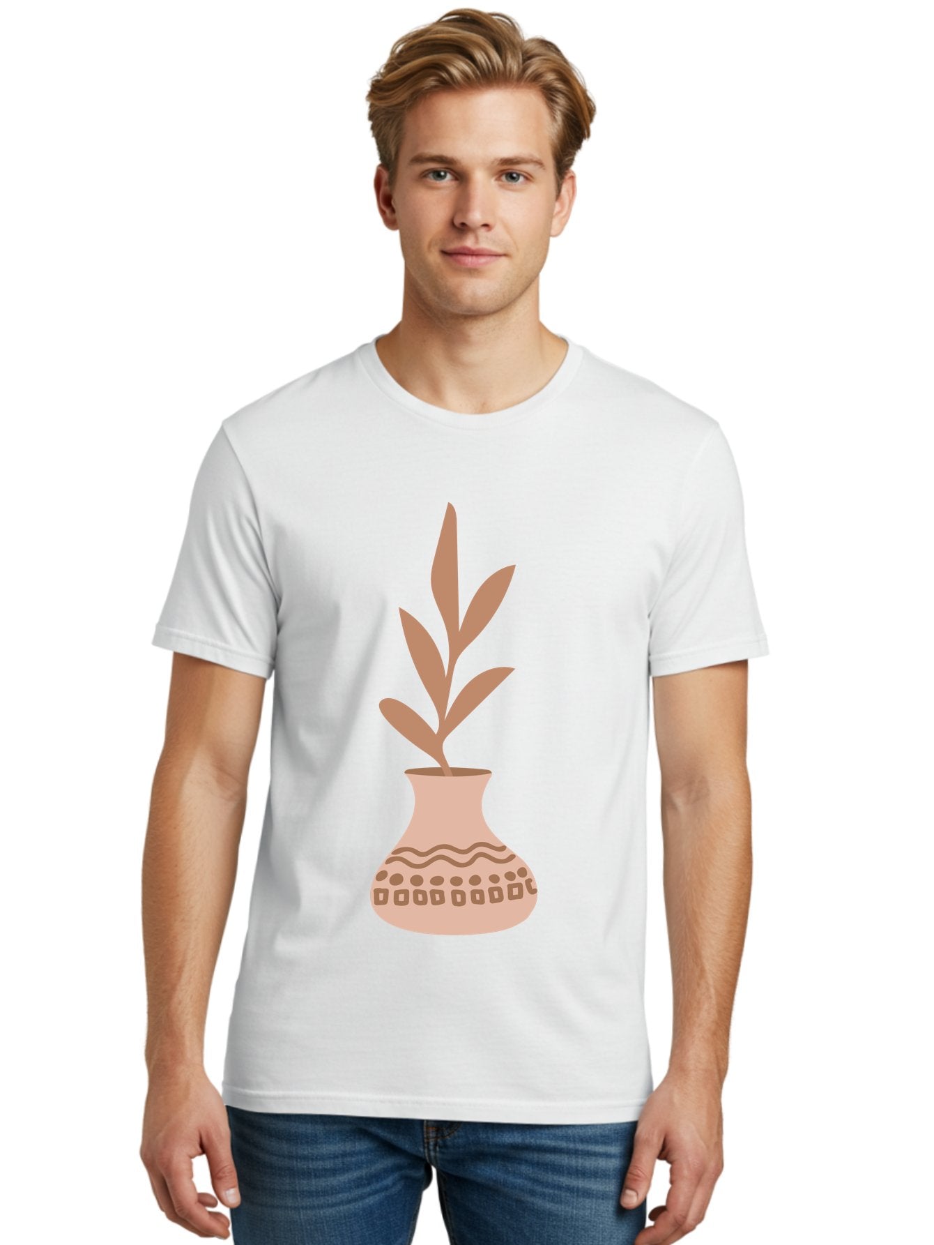 Decorated-Vase-With-Plant Men'S Graphic Tee, 100% Cotton, Comfortable Casual Summer Wear, Machine Washable, Decorative Vase, Leafy Plant, Pink Leaves, Brown Patterns, Wavy Lines, Decorative Design, Simple Graphics, Minimalist Art, Aae010 21