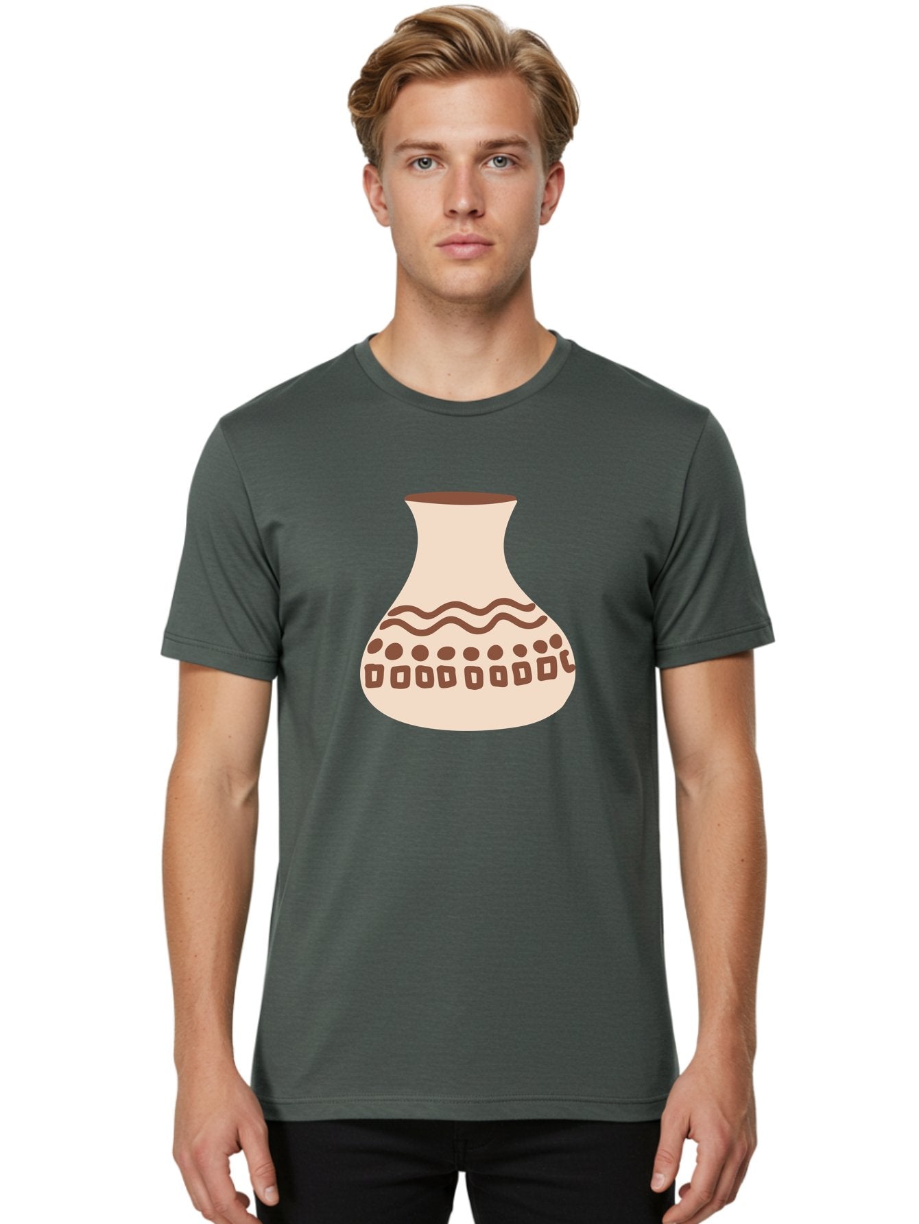 Decorated-Vase Men'S Graphic Tee, 100% Cotton, Comfortable Casual Summer Wear, Machine Washable, Ceramic Pot, Traditional Design, Brown Patterns, Wavy Lines, Circular Motifs, Square Shapes, Earthy Tones, Cultural Heritage, Handmade Pottery, Aae011 28