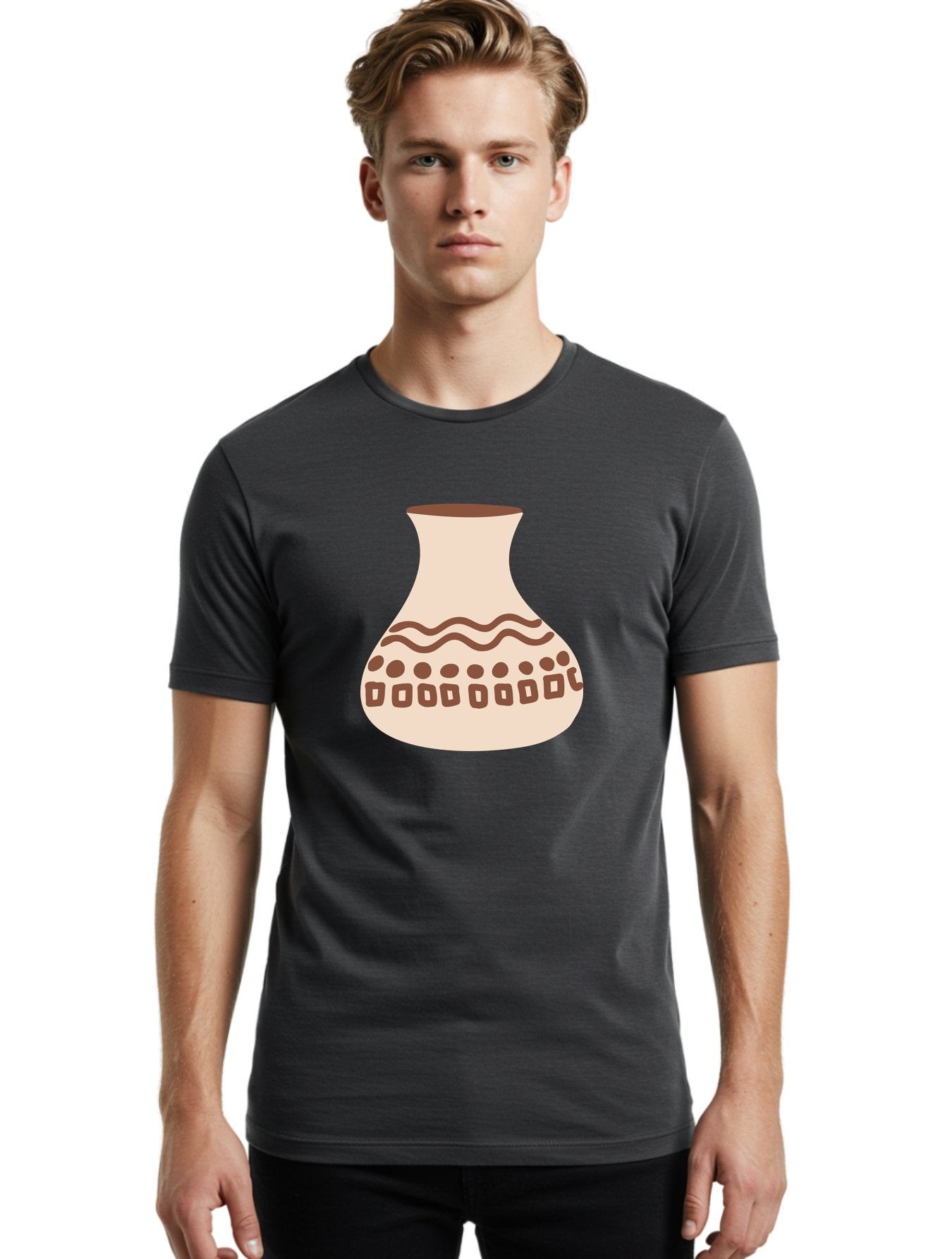 Decorated-Vase Men'S Graphic Tee, 100% Cotton, Comfortable Casual Summer Wear, Machine Washable, Ceramic Pot, Traditional Design, Brown Patterns, Wavy Lines, Circular Motifs, Square Shapes, Earthy Tones, Cultural Heritage, Handmade Pottery, Aae011 20