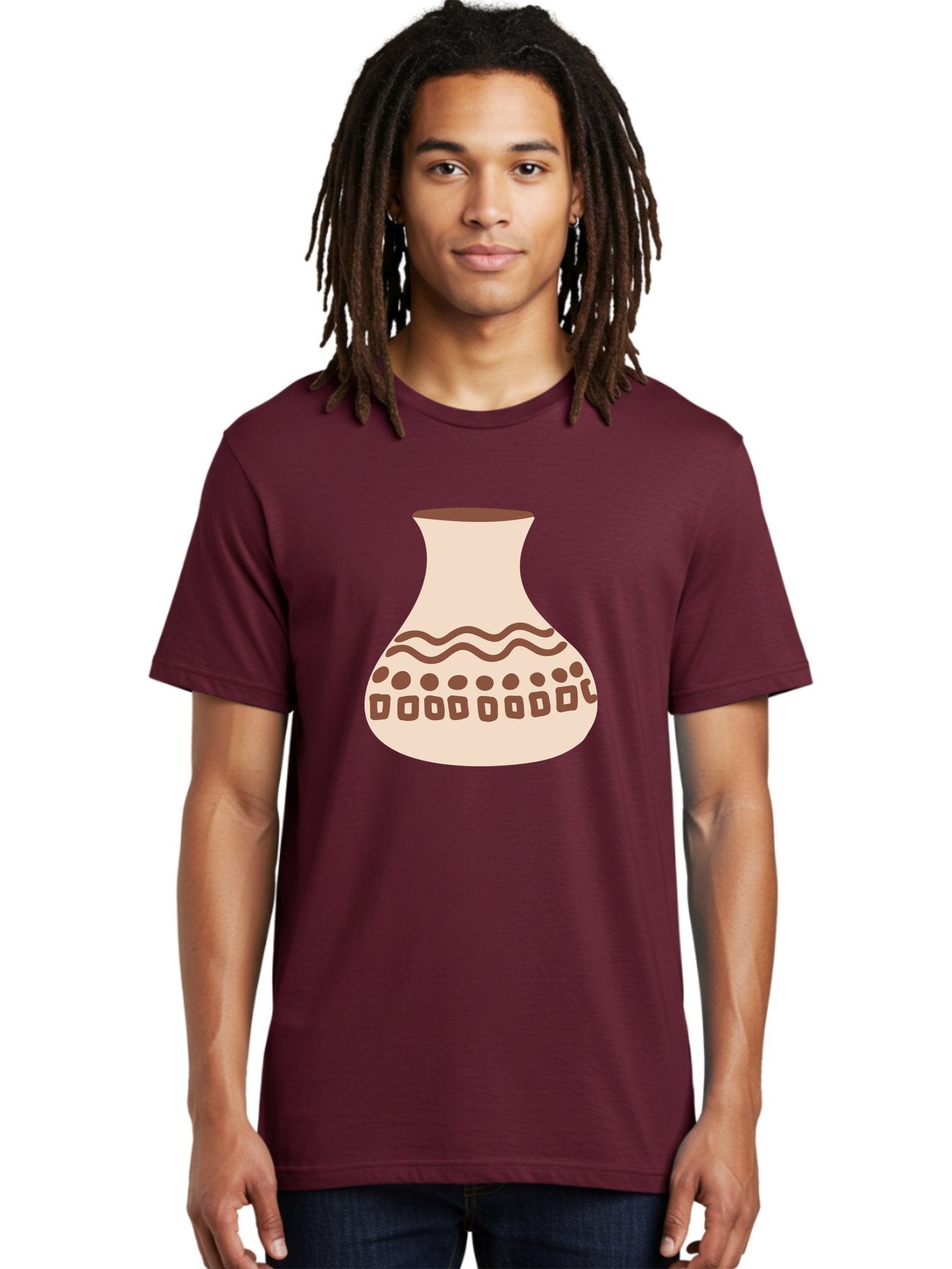 Decorated-Vase Men'S Graphic Tee, 100% Cotton, Comfortable Casual Summer Wear, Machine Washable, Ceramic Pot, Traditional Design, Brown Patterns, Wavy Lines, Circular Motifs, Square Shapes, Earthy Tones, Cultural Heritage, Handmade Pottery, Aae011 27