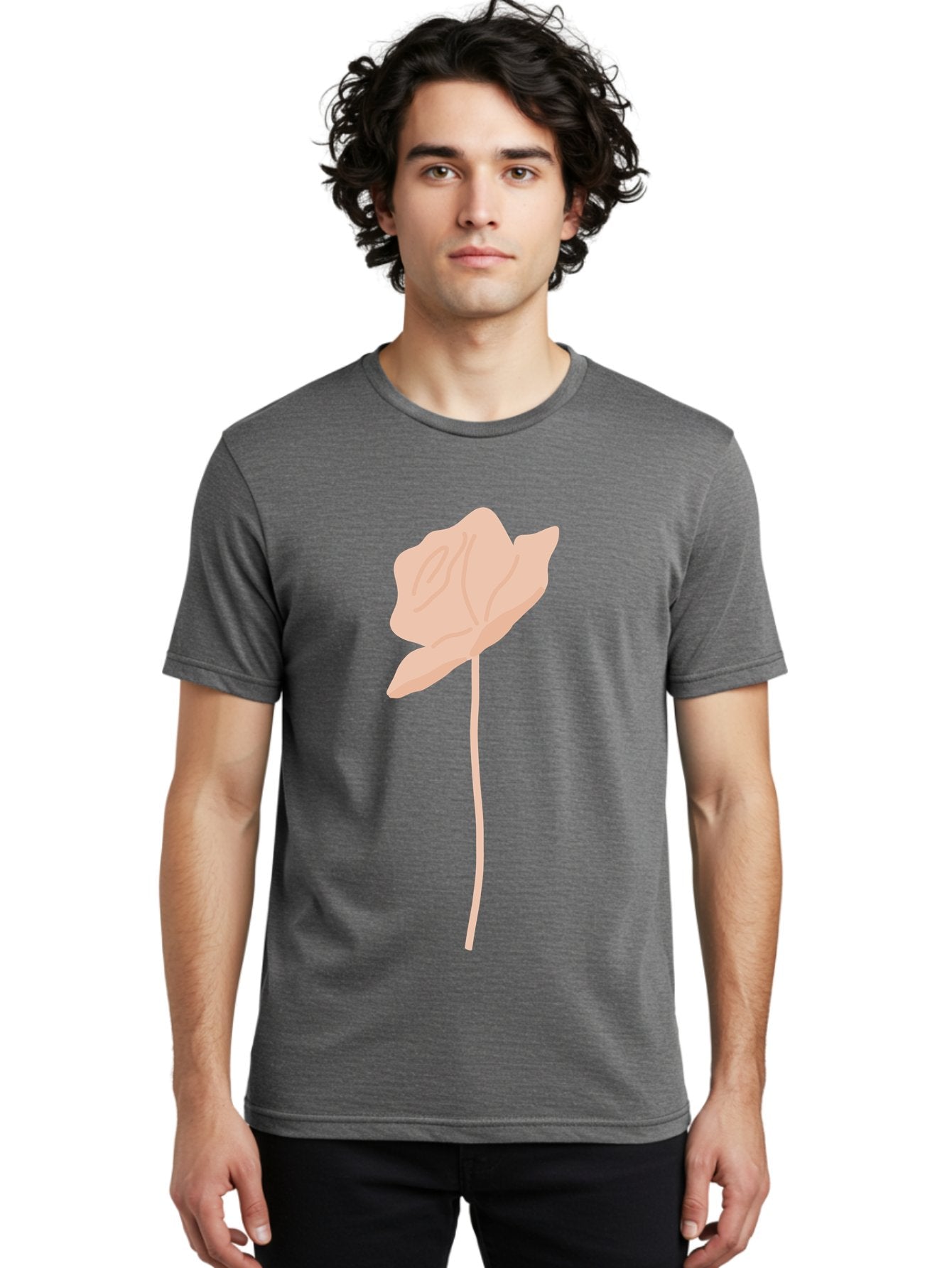 Flower Men'S Graphic Tee, 100% Cotton, Comfortable Casual Summer Wear, Machine Washable, Peach-Colored Flower, Minimalist Design, Simple Illustration, Soft Hues, Delicate Petals, Elegant Stem, Floral Art Aae019 16