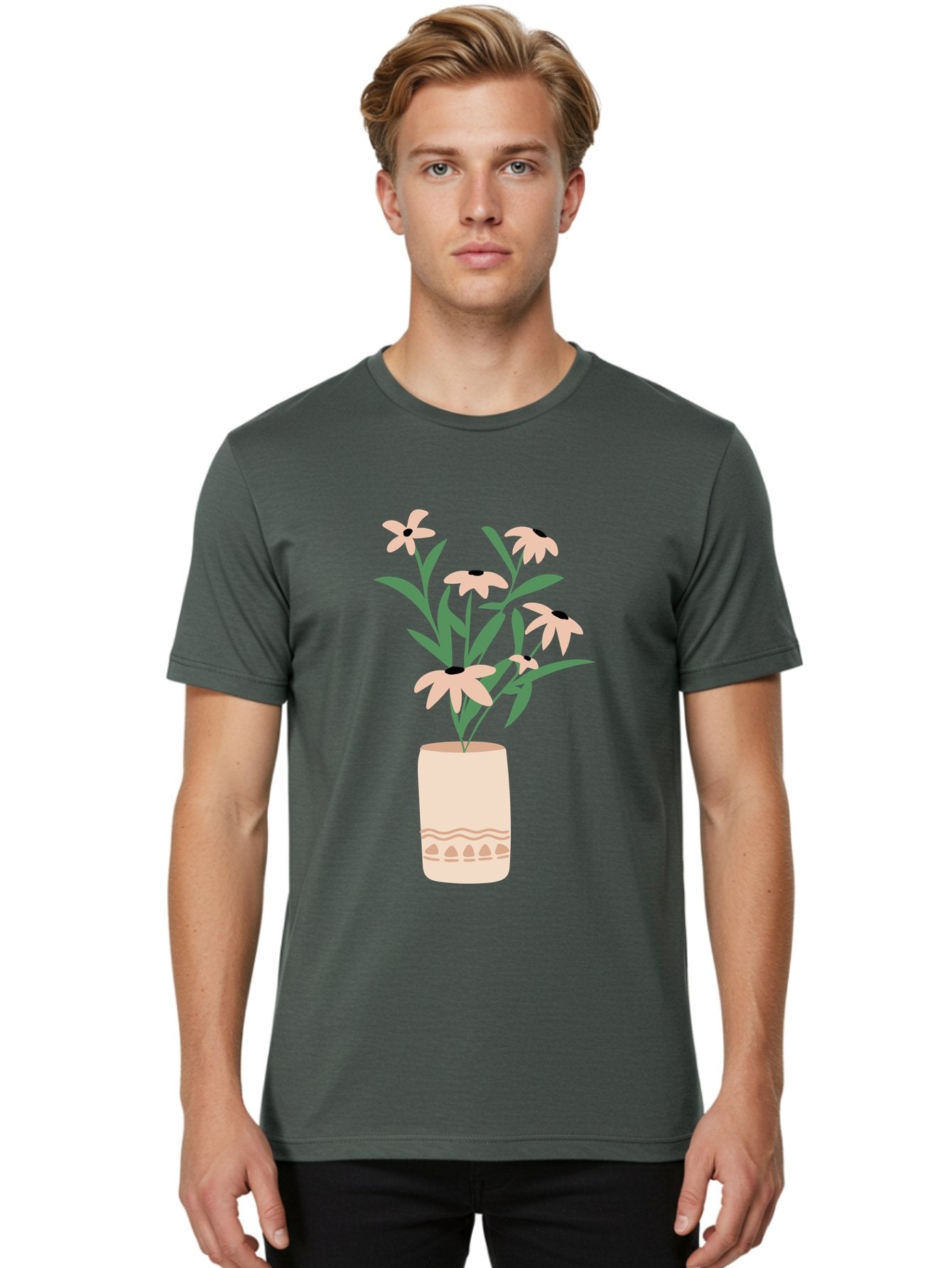 Flowers-In-Vase-1 Men'S Graphic Tee, 100% Cotton, Comfortable Casual Summer Wear, Machine Washable, Pink Flowers In Vase, Floral Arrangement, Simple Design, Minimalist Style, Elegant Decor, Home Decor, Flower Bouquet, Daisy-Like Flowers Aae020 26