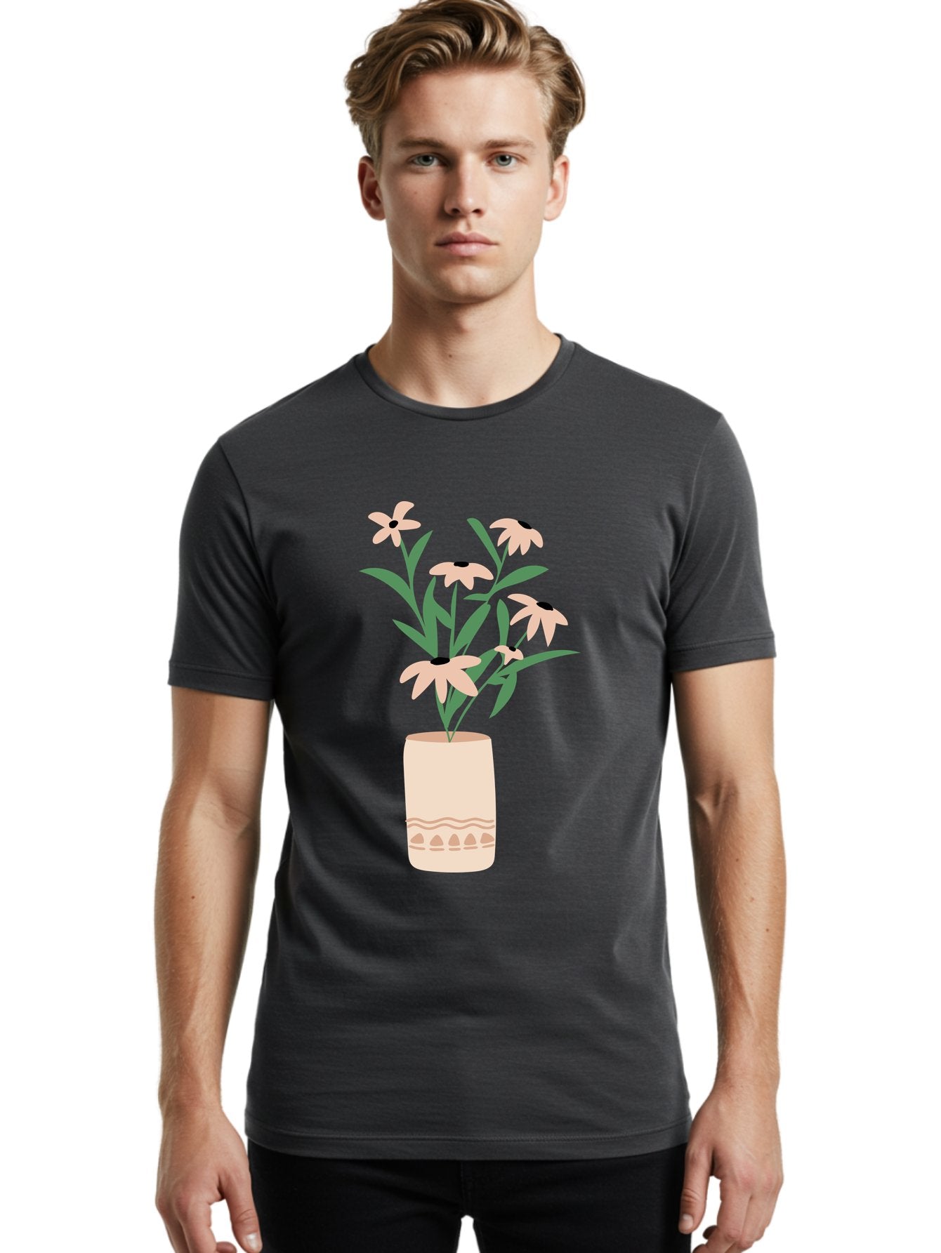 Flowers-In-Vase-1 Men'S Graphic Tee, 100% Cotton, Comfortable Casual Summer Wear, Machine Washable, Pink Flowers In Vase, Floral Arrangement, Simple Design, Minimalist Style, Elegant Decor, Home Decor, Flower Bouquet, Daisy-Like Flowers Aae020 17