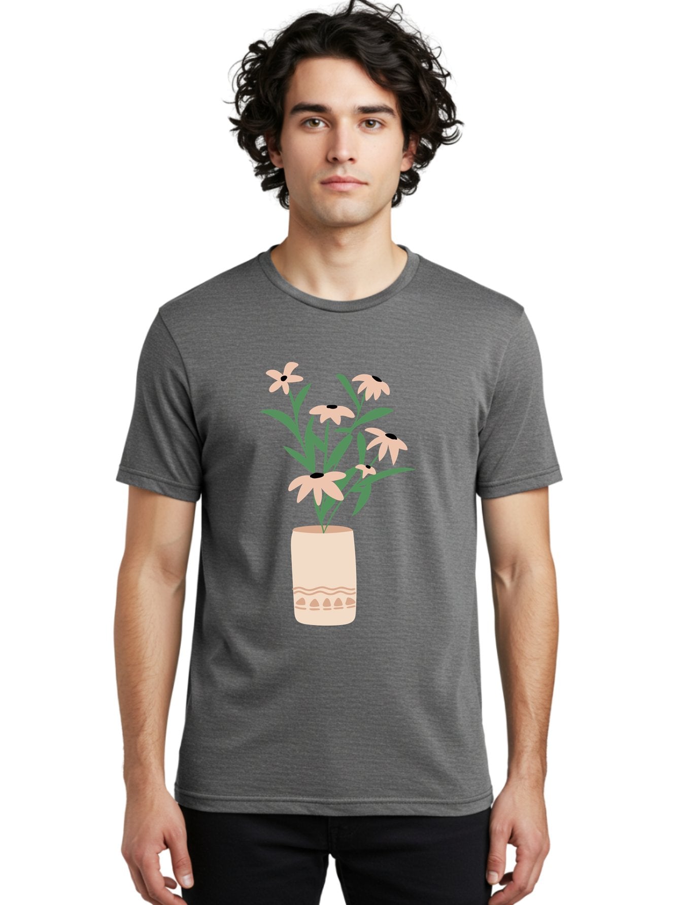Flowers-In-Vase-1 Men'S Graphic Tee, 100% Cotton, Comfortable Casual Summer Wear, Machine Washable, Pink Flowers In Vase, Floral Arrangement, Simple Design, Minimalist Style, Elegant Decor, Home Decor, Flower Bouquet, Daisy-Like Flowers Aae020 28