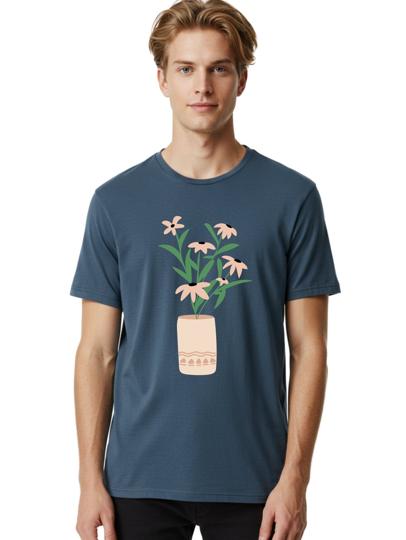 Flowers-In-Vase-1 Men'S Graphic Tee, 100% Cotton, Comfortable Casual Summer Wear, Machine Washable, Pink Flowers In Vase, Floral Arrangement, Simple Design, Minimalist Style, Elegant Decor, Home Decor, Flower Bouquet, Daisy-Like Flowers Aae020 27