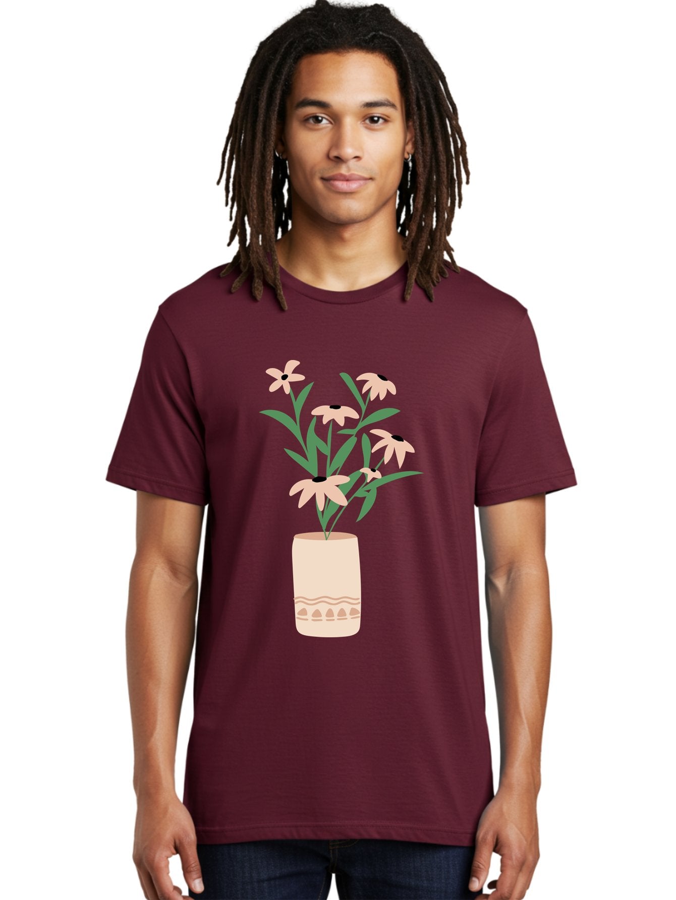 Flowers-In-Vase-1 Men'S Graphic Tee, 100% Cotton, Comfortable Casual Summer Wear, Machine Washable, Pink Flowers In Vase, Floral Arrangement, Simple Design, Minimalist Style, Elegant Decor, Home Decor, Flower Bouquet, Daisy-Like Flowers Aae020 16