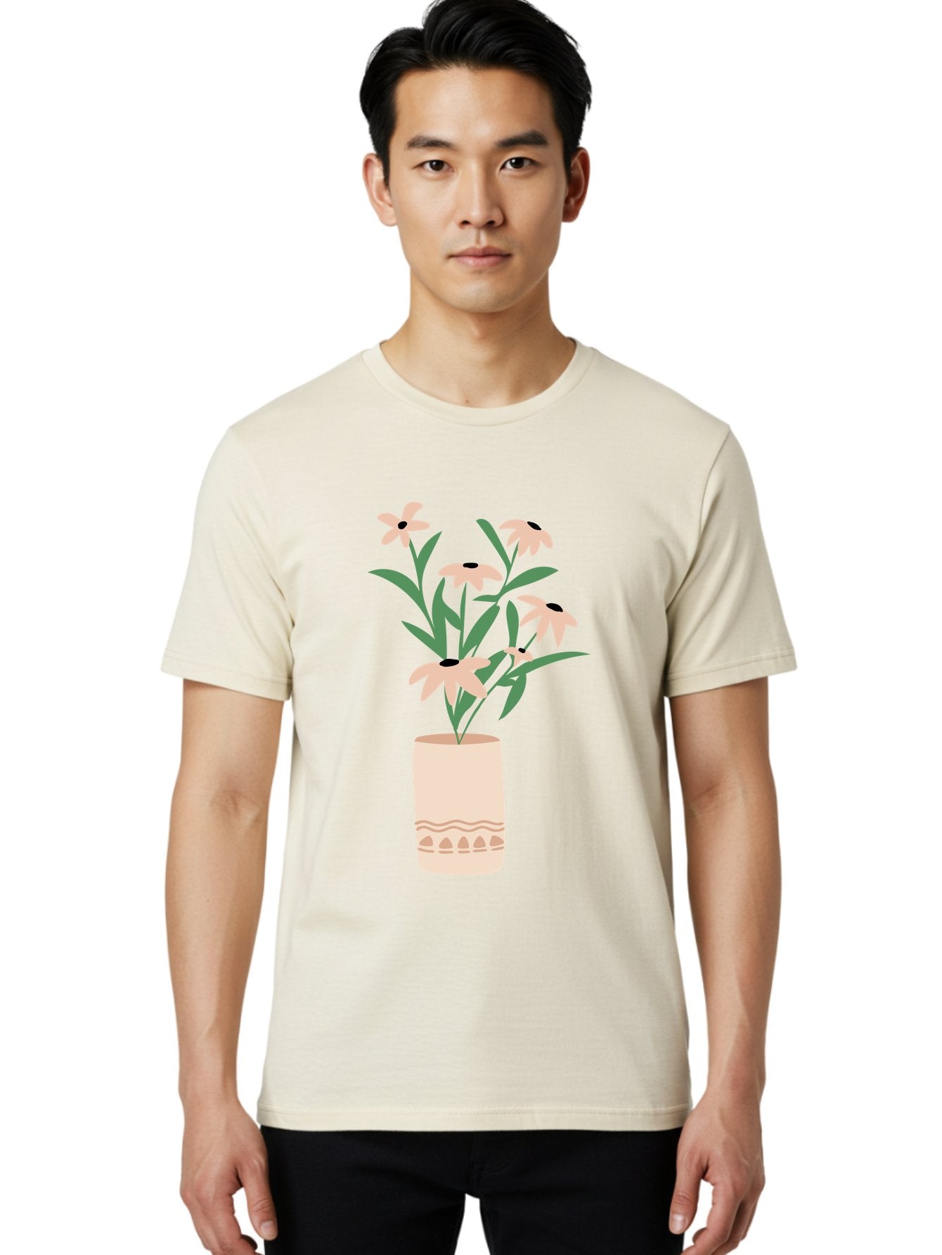 Flowers-In-Vase-1 Men'S Graphic Tee, 100% Cotton, Comfortable Casual Summer Wear, Machine Washable, Pink Flowers In Vase, Floral Arrangement, Simple Design, Minimalist Style, Elegant Decor, Home Decor, Flower Bouquet, Daisy-Like Flowers Aae020 24