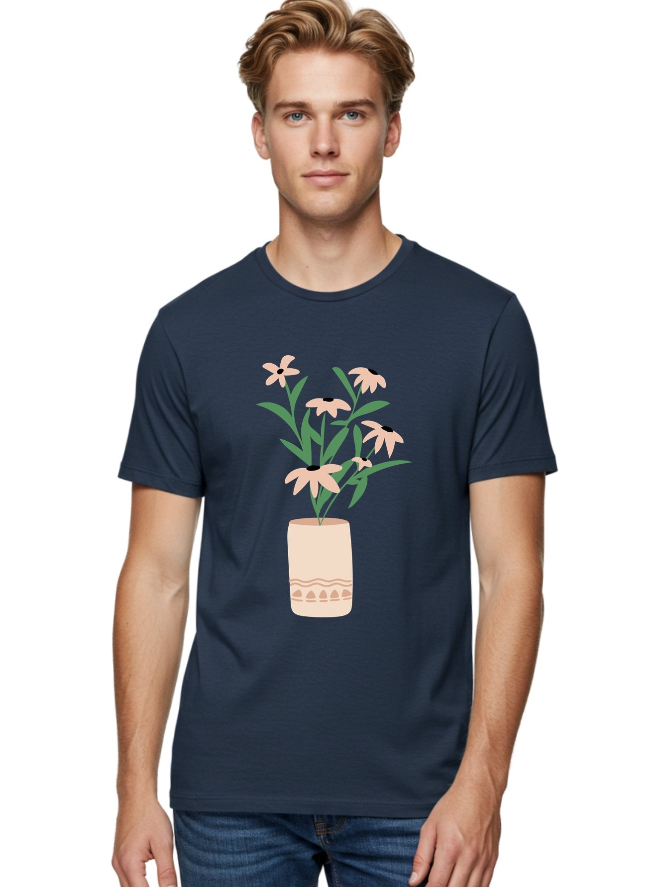 Flowers-In-Vase-1 Men'S Graphic Tee, 100% Cotton, Comfortable Casual Summer Wear, Machine Washable, Pink Flowers In Vase, Floral Arrangement, Simple Design, Minimalist Style, Elegant Decor, Home Decor, Flower Bouquet, Daisy-Like Flowers Aae020 29