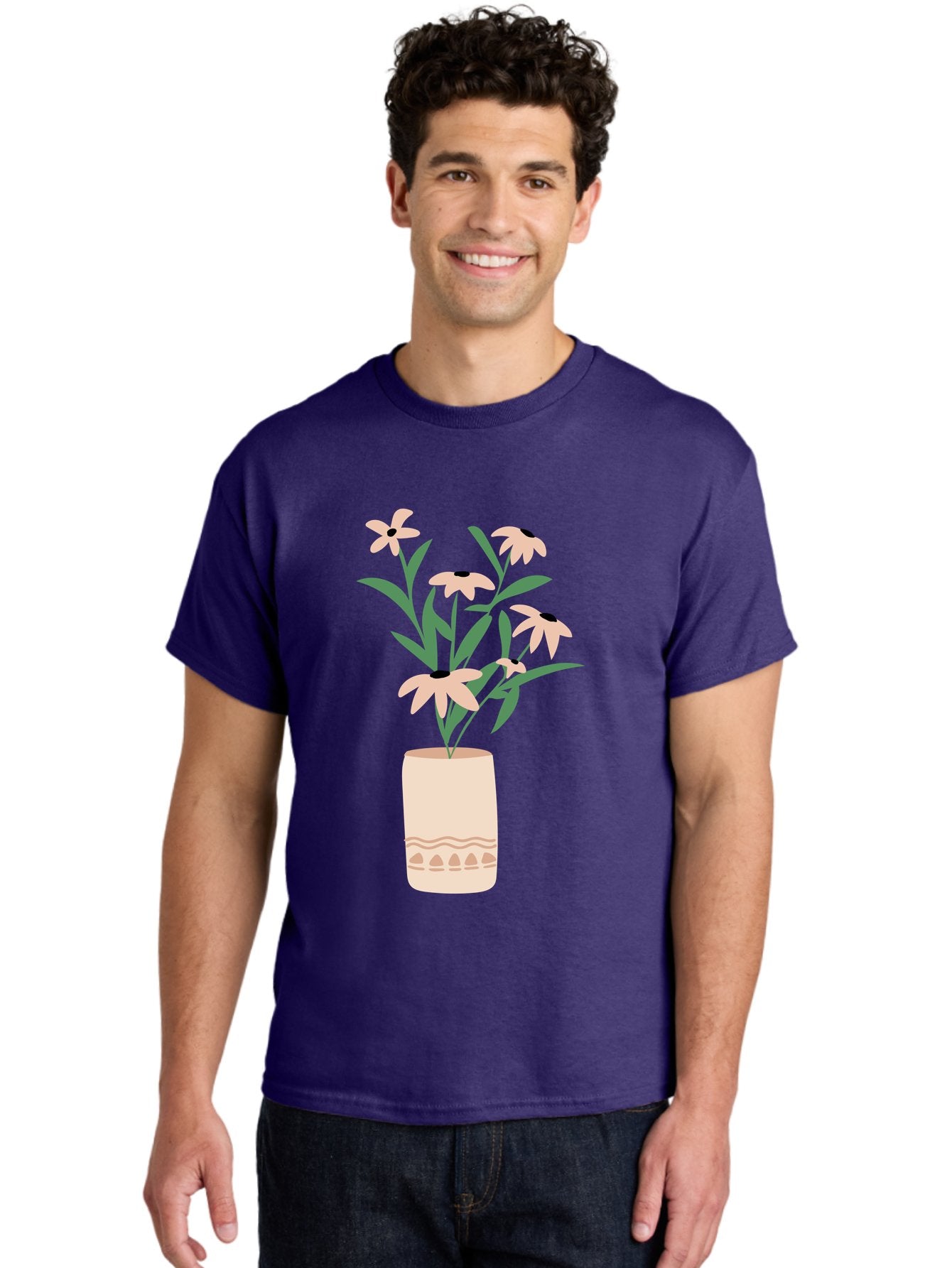 Flowers-In-Vase-1 Men'S Graphic Tee, 100% Cotton, Comfortable Casual Summer Wear, Machine Washable, Pink Flowers In Vase, Floral Arrangement, Simple Design, Minimalist Style, Elegant Decor, Home Decor, Flower Bouquet, Daisy-Like Flowers Aae020 21