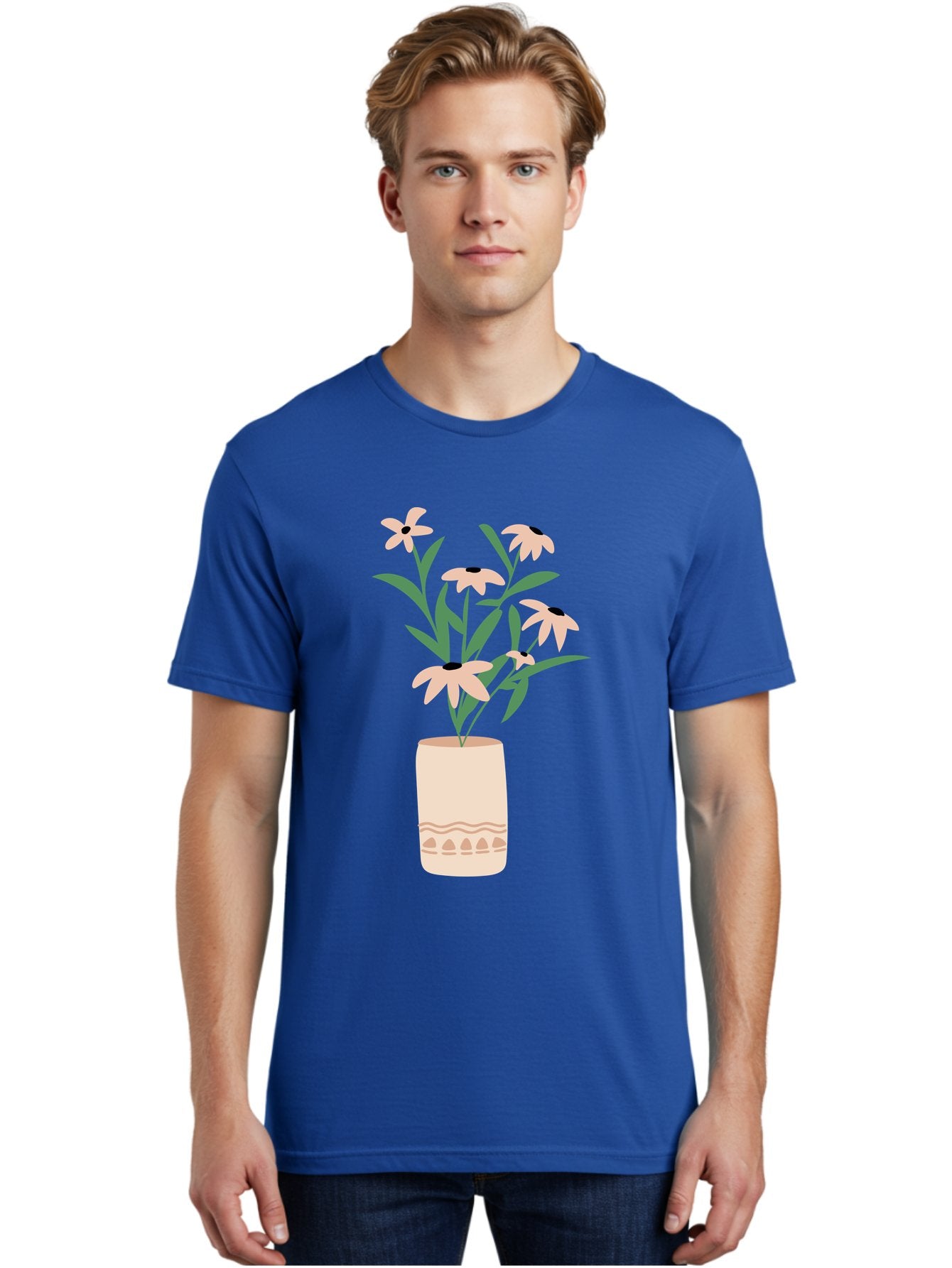 Flowers-In-Vase-1 Men'S Graphic Tee, 100% Cotton, Comfortable Casual Summer Wear, Machine Washable, Pink Flowers In Vase, Floral Arrangement, Simple Design, Minimalist Style, Elegant Decor, Home Decor, Flower Bouquet, Daisy-Like Flowers Aae020 30