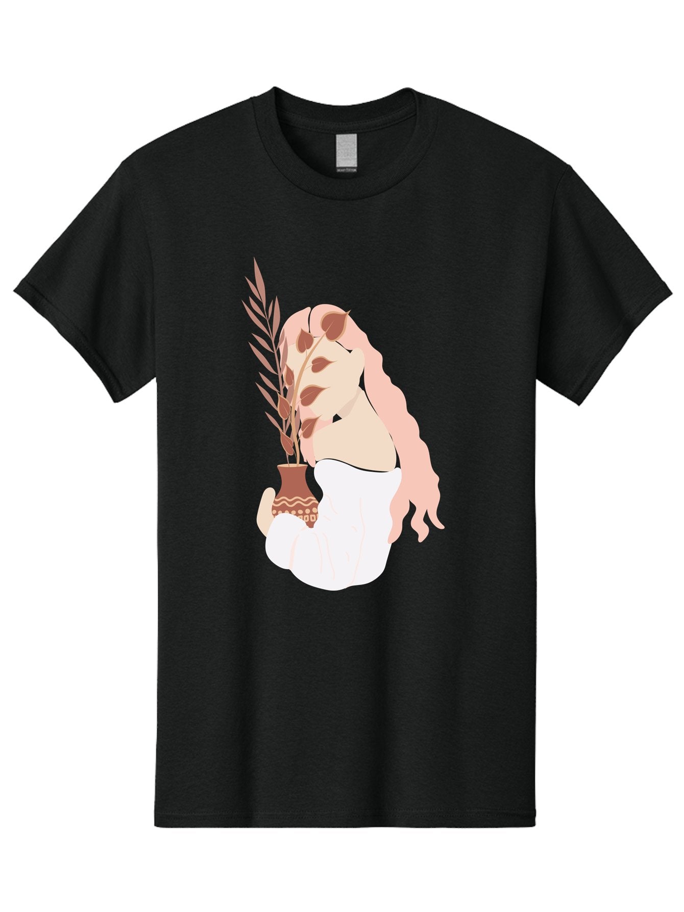 Lady-With-Pot Men'S Graphic Tee, 100% Cotton, Comfortable Casual Summer Wear, Machine Washable, Woman Holding A Plant, Brown Leaves, Decorative Vase, Wavy Hair, Elegant Pose, Minimalist Art, Simple Shapes, Soft Colors, Peaceful Ambiance, Aae026 7