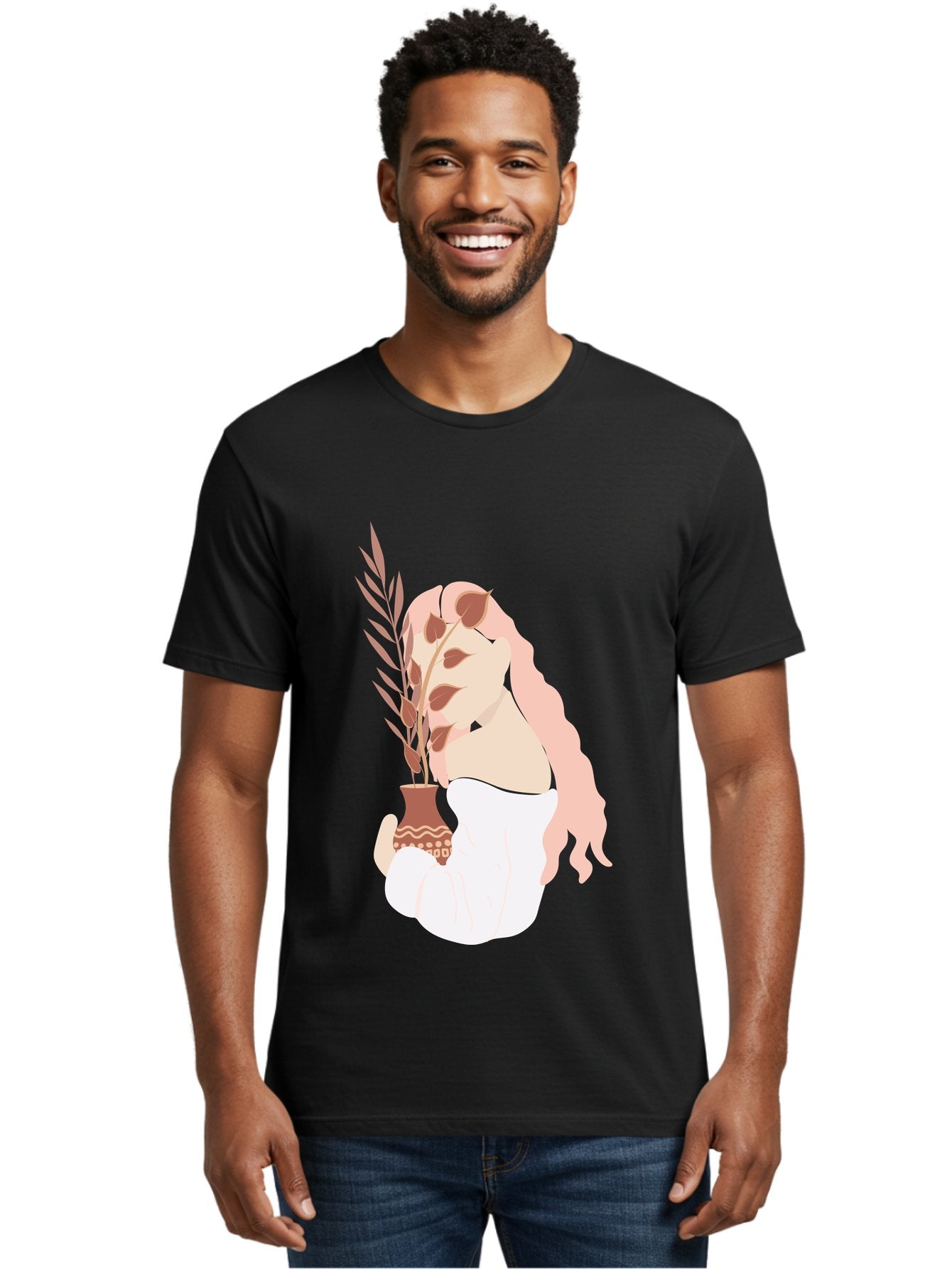 Lady-With-Pot Men'S Graphic Tee, 100% Cotton, Comfortable Casual Summer Wear, Machine Washable, Woman Holding A Plant, Brown Leaves, Decorative Vase, Wavy Hair, Elegant Pose, Minimalist Art, Simple Shapes, Soft Colors, Peaceful Ambiance, Aae026 16
