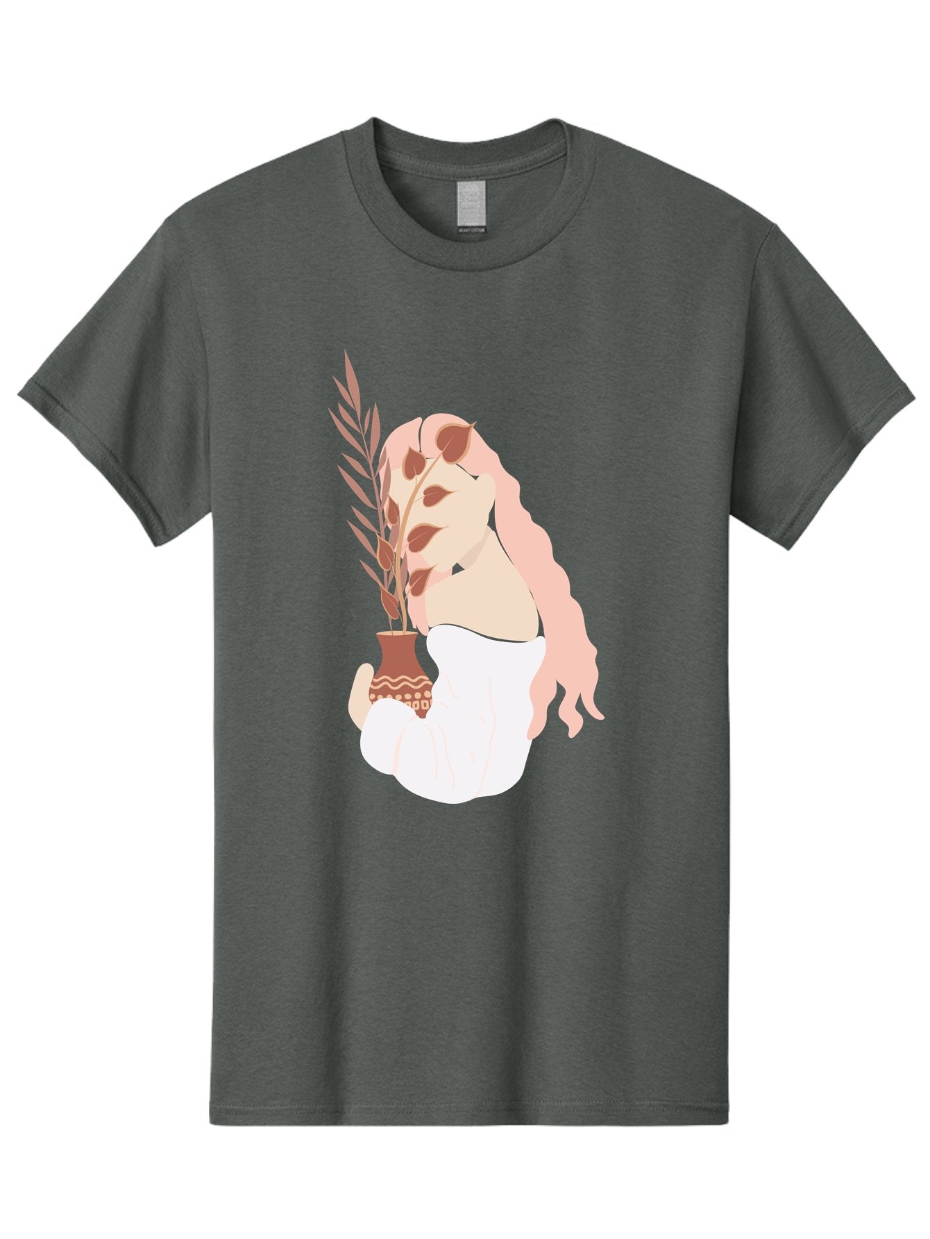Lady-With-Pot Men'S Graphic Tee, 100% Cotton, Comfortable Casual Summer Wear, Machine Washable, Woman Holding A Plant, Brown Leaves, Decorative Vase, Wavy Hair, Elegant Pose, Minimalist Art, Simple Shapes, Soft Colors, Peaceful Ambiance, Aae026 15