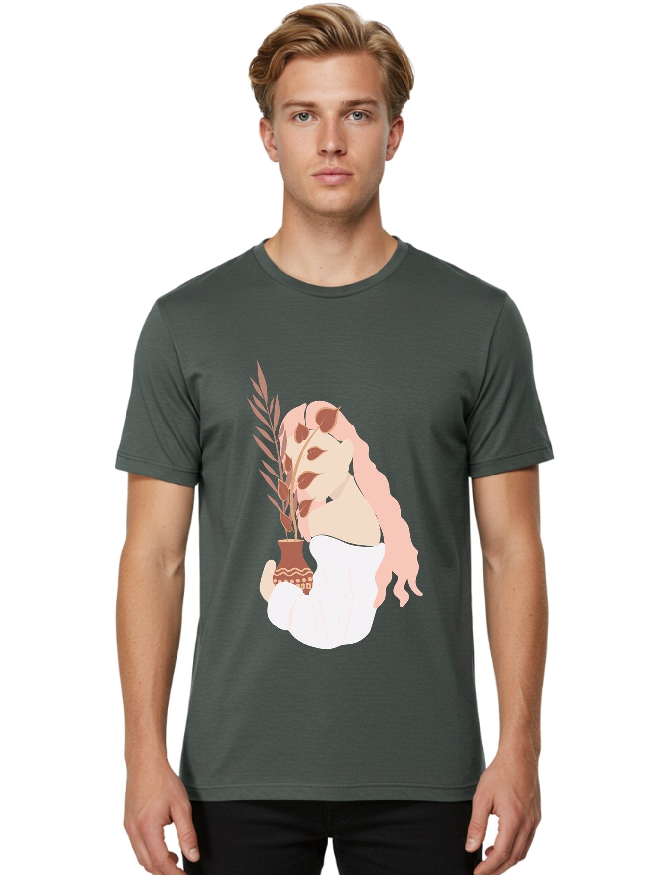 Lady-With-Pot Men'S Graphic Tee, 100% Cotton, Comfortable Casual Summer Wear, Machine Washable, Woman Holding A Plant, Brown Leaves, Decorative Vase, Wavy Hair, Elegant Pose, Minimalist Art, Simple Shapes, Soft Colors, Peaceful Ambiance, Aae026 30